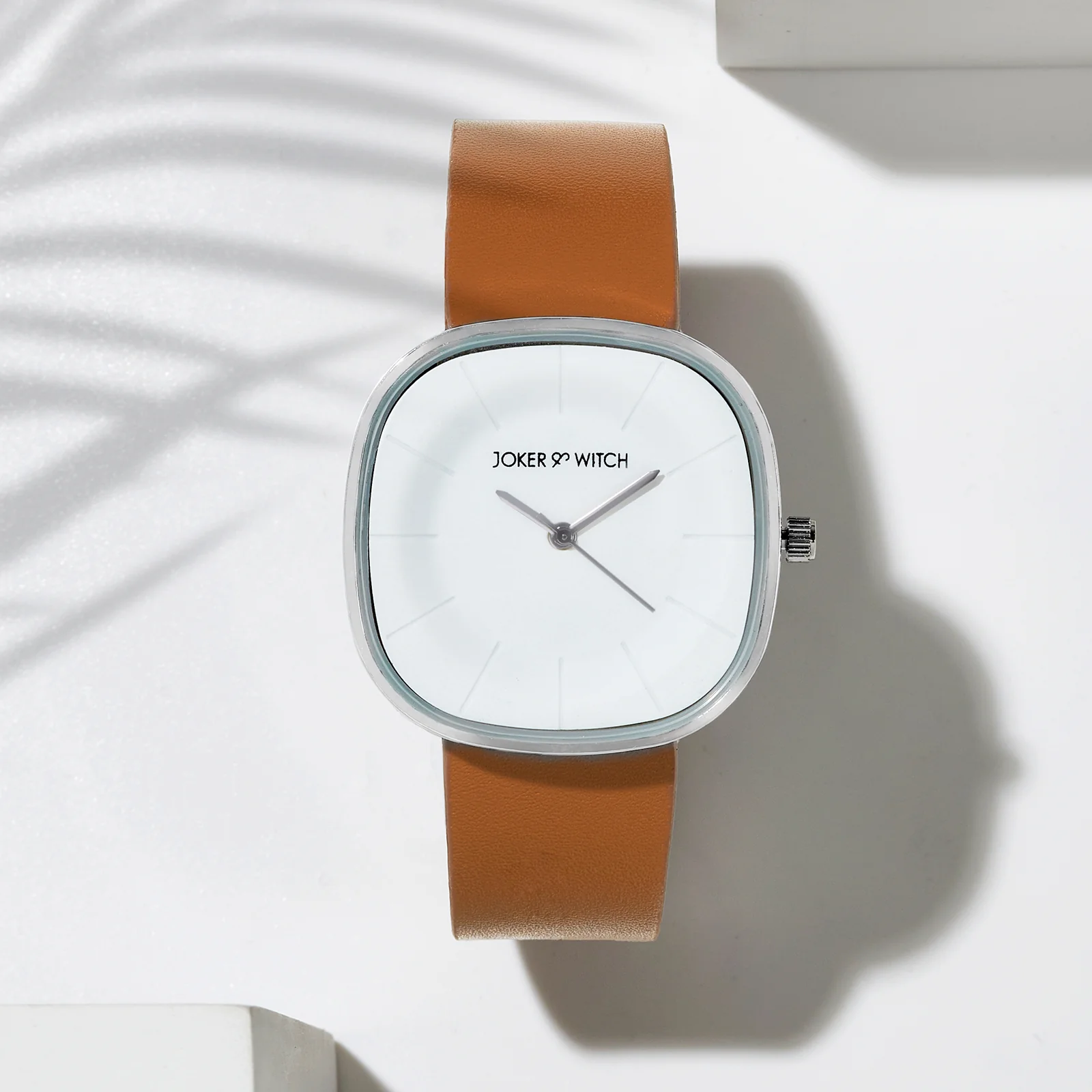 Albin White Large Square Dial Brown PU Strap Women's Watch
