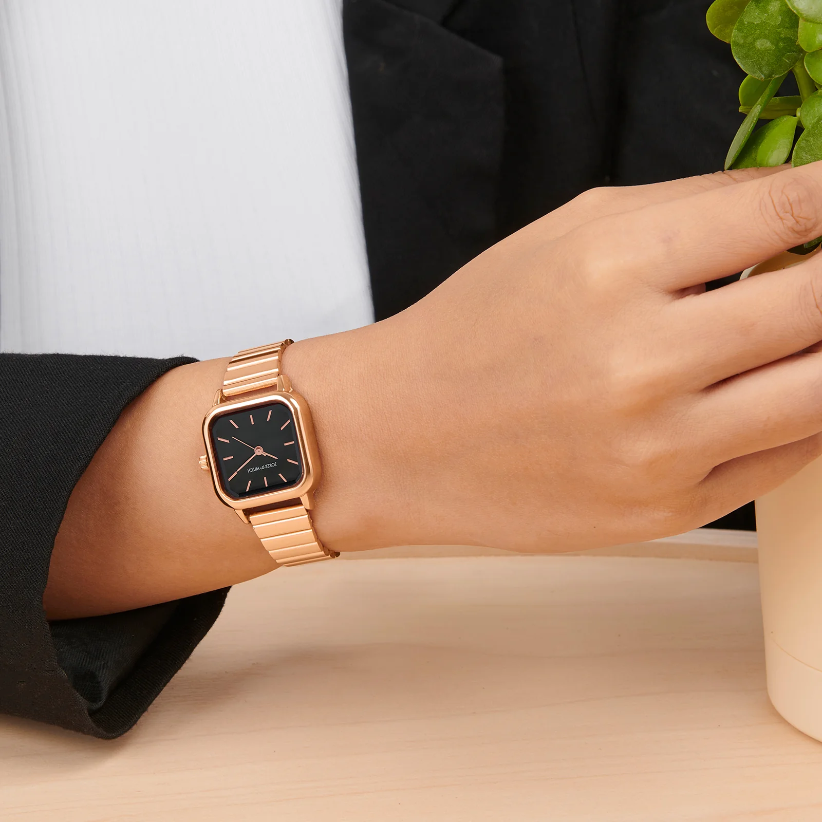 Alina Black Mini Square Dial Rose Gold Linked Chain Strap Women's Watch - Image 2