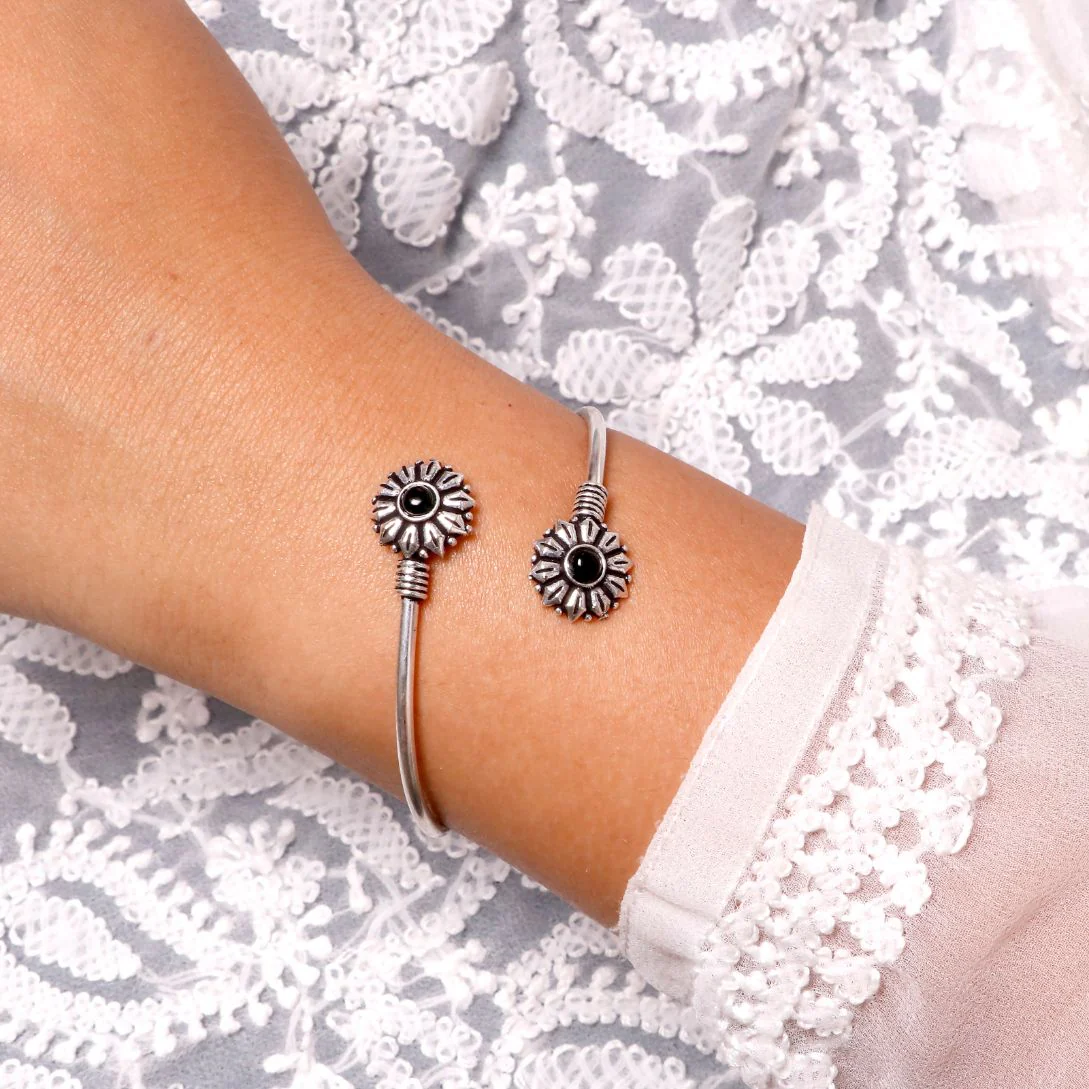 Aparna Black Circular Silver Oxidized Bracelet