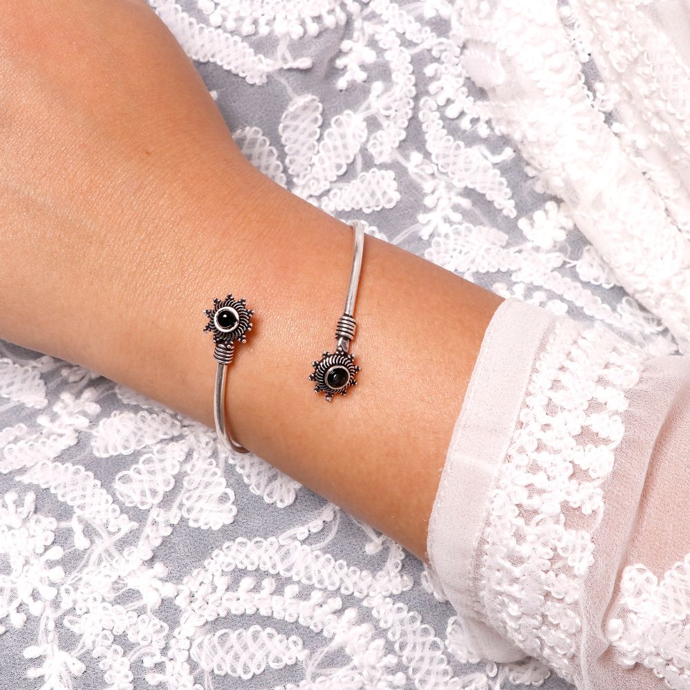 Aparna Black Flower Silver Oxidized Bracelet