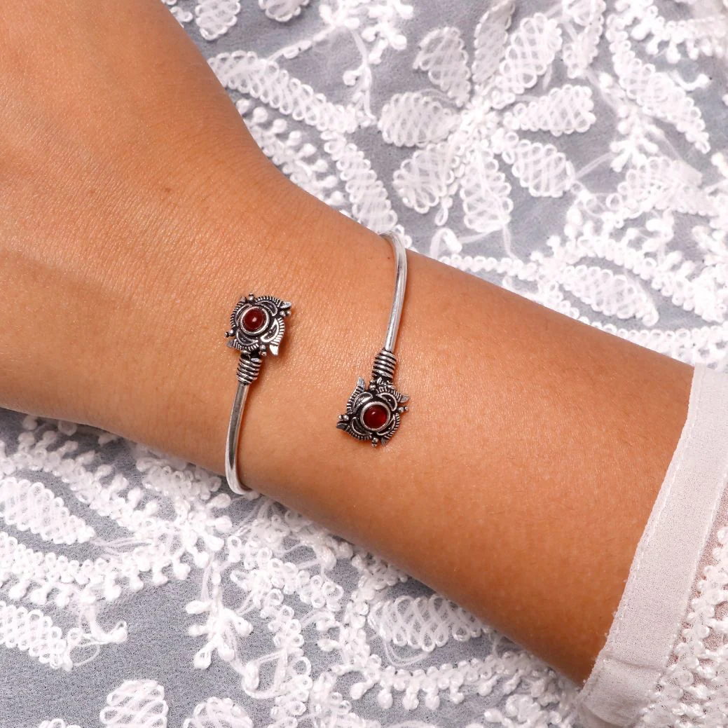 Aparna Red Flower Silver Oxidized Bracelet