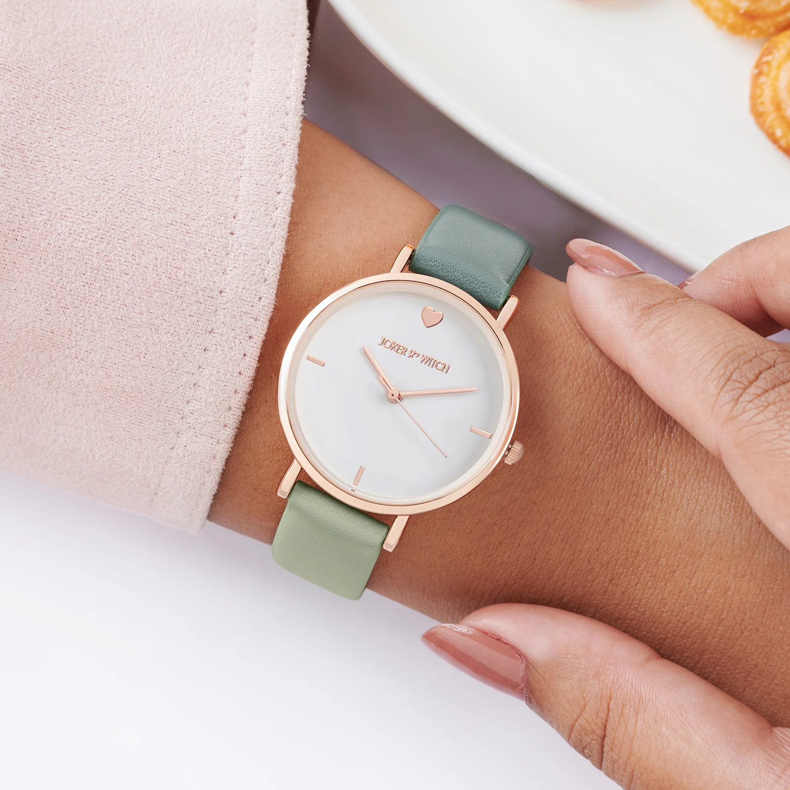 Aurora White Medium Dial Green PU Strap Women's Watch
