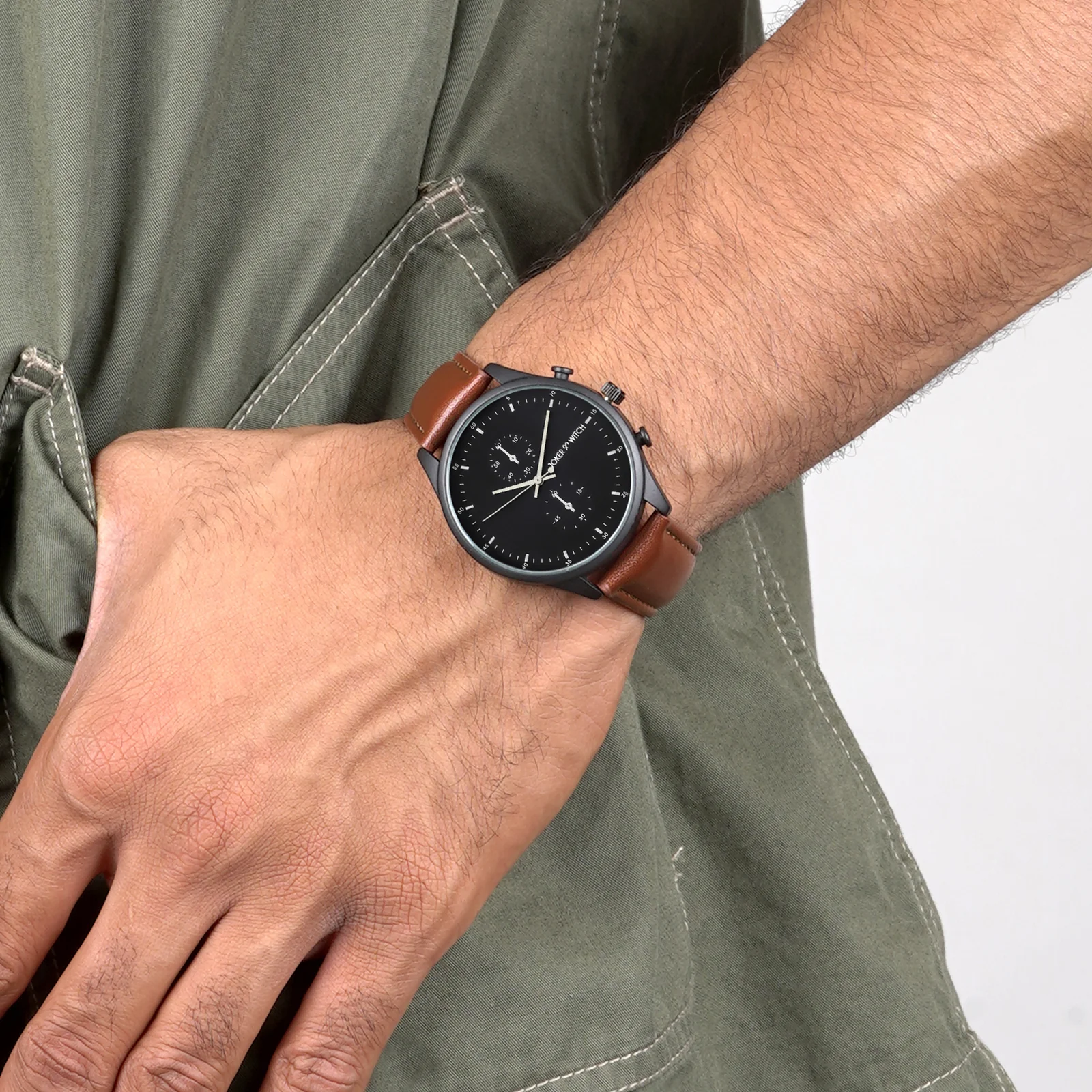 Beetle Black Large Dial Brown PU Strap Men's Watch