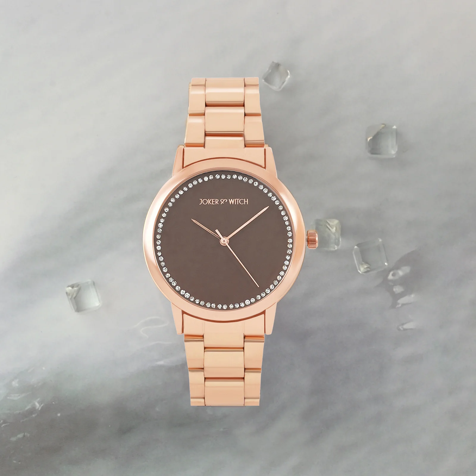 Castor Brown Large Rhinestone Dial Rose Gold Linked Chain Strap Women's Watch