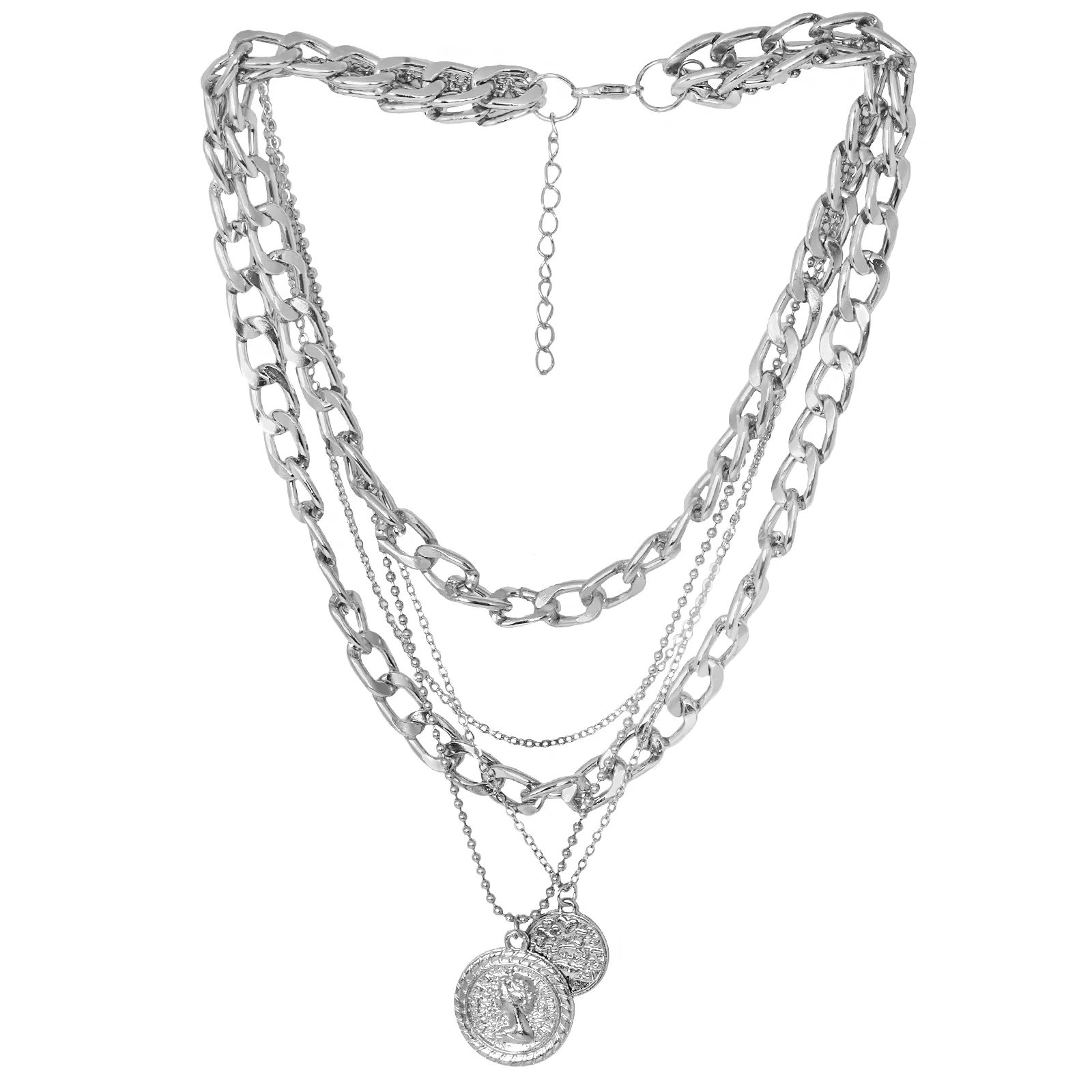 Chain Link Medallion Layered Silver Necklace - Image 2