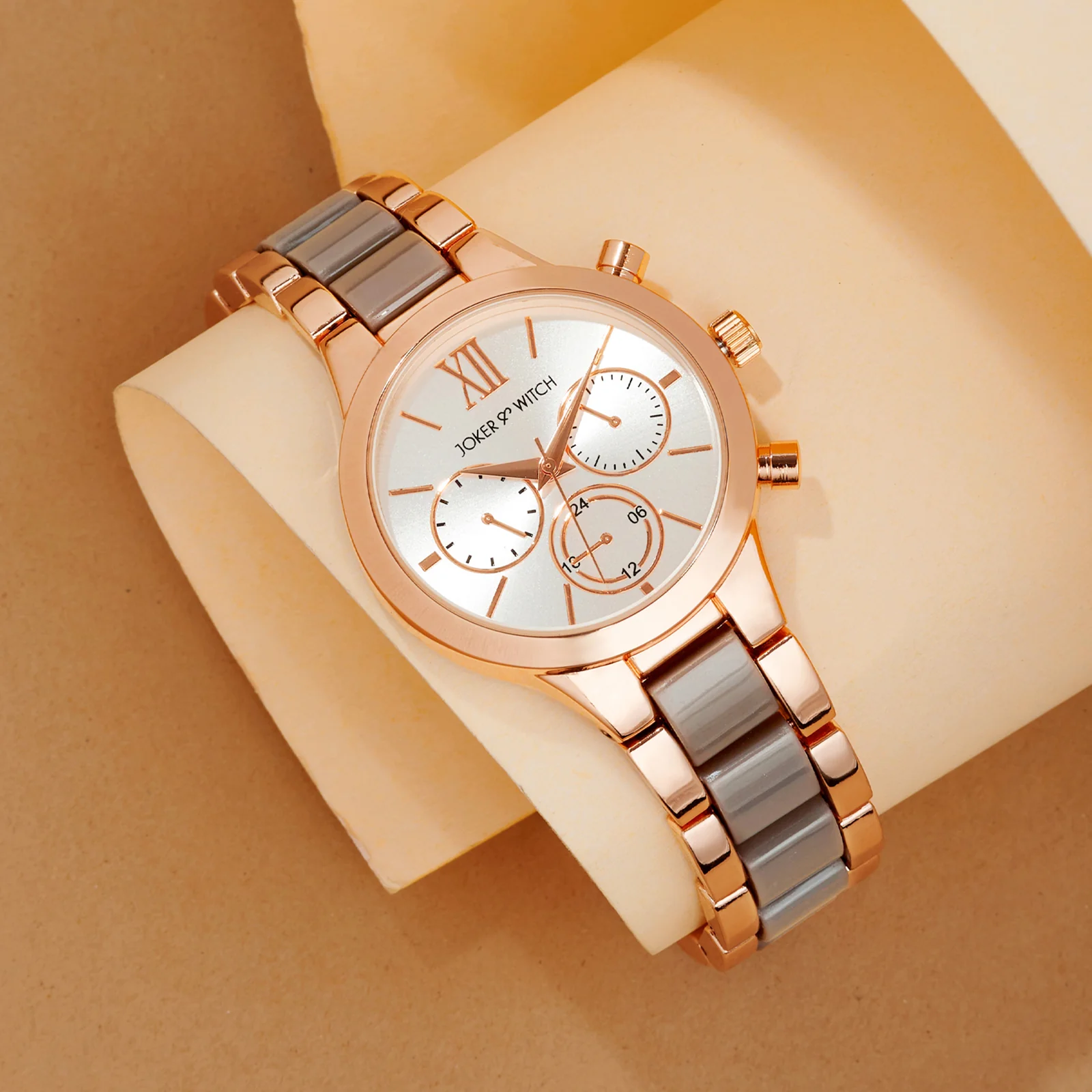 Clara Silver Large Dial Dual Tone Linked Chain Strap Women's Watch