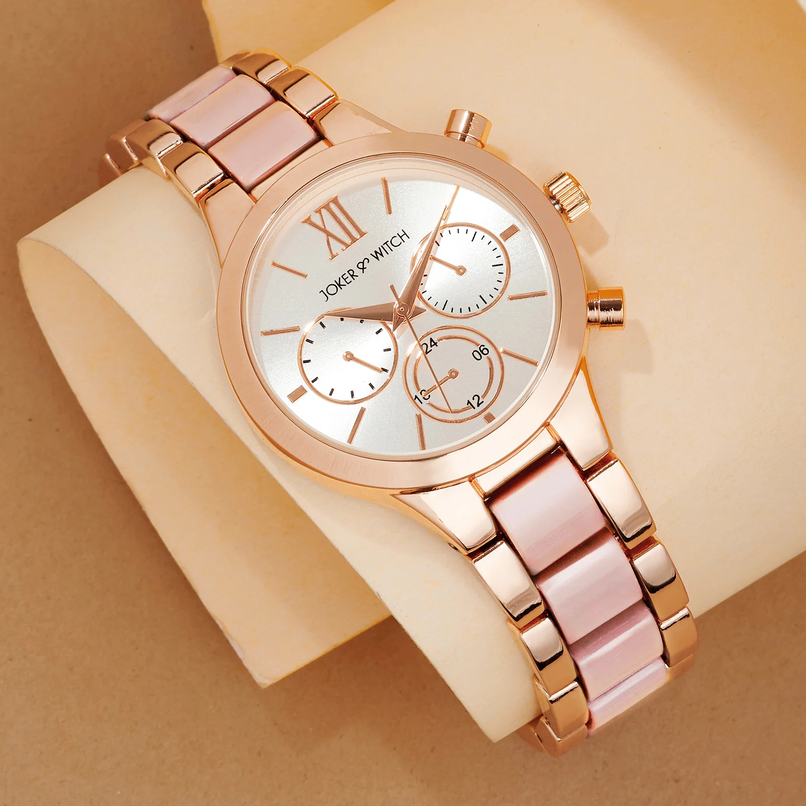 Clara Silver Large Dial Pink Linked Chain Strap Women's Watch