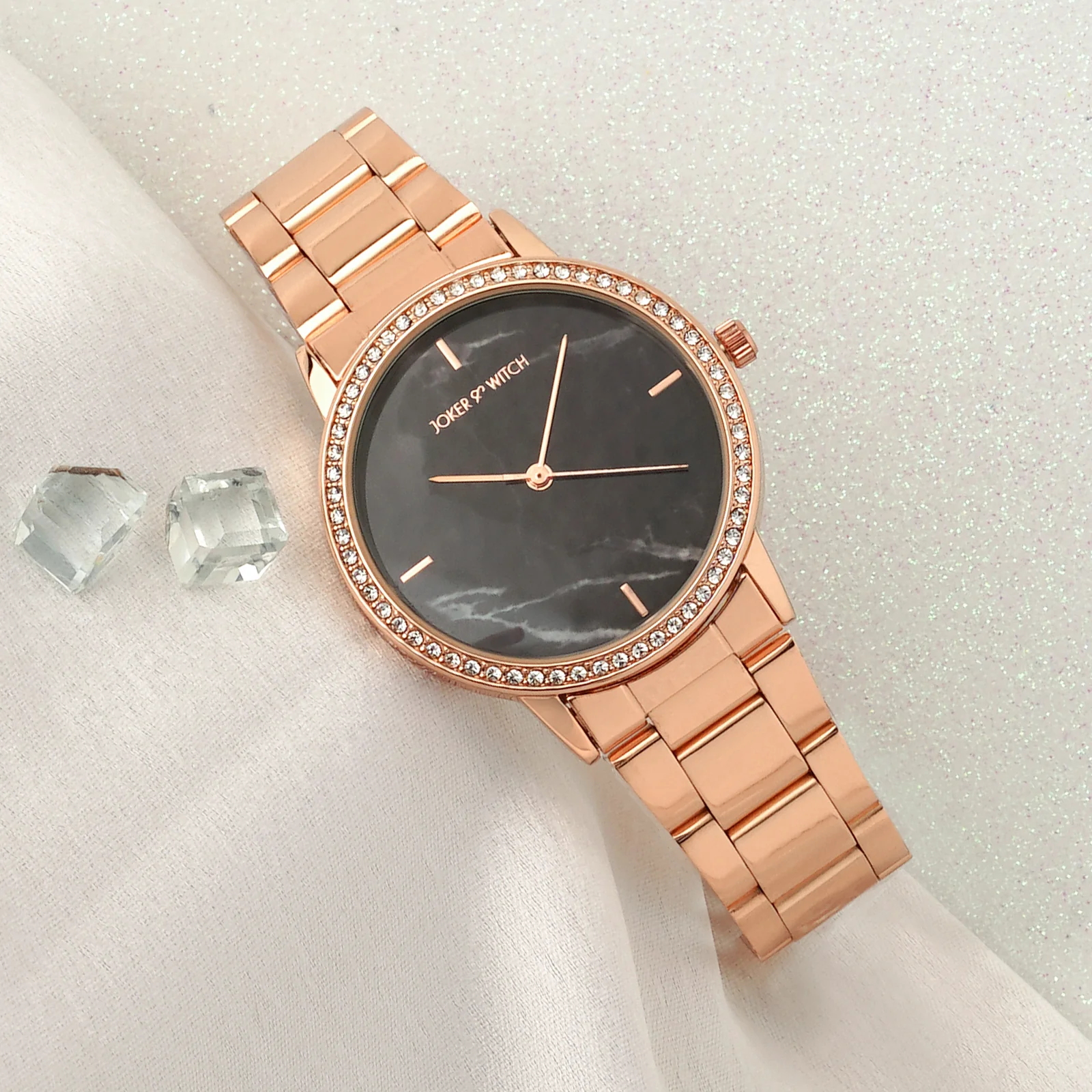 Comet Black Marble Medium Rhinestone Dial Rose Gold Linked Chain Strap Women's Watch