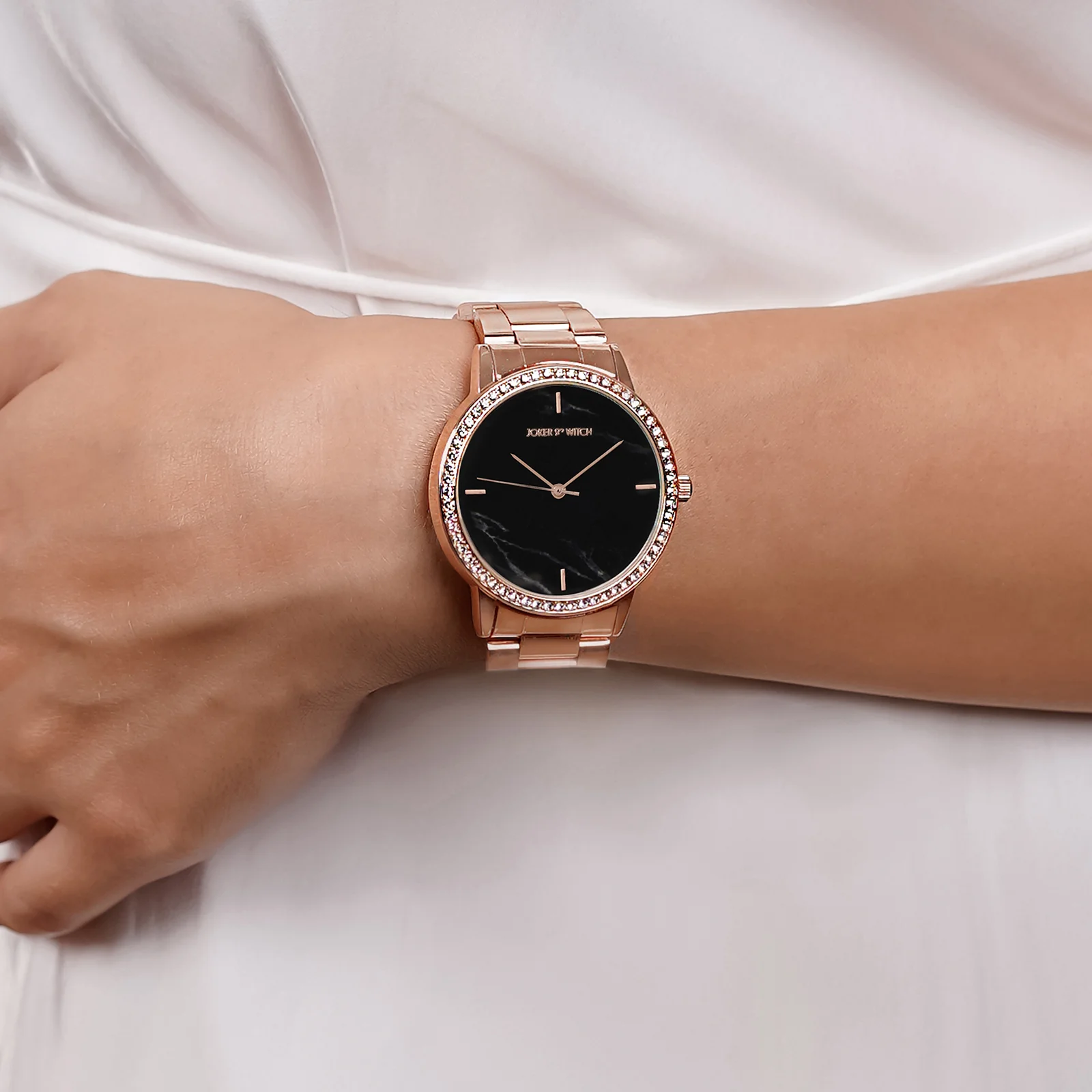 Comet Black Marble Medium Rhinestone Dial Rose Gold Linked Chain Strap Women's Watch - Image 2