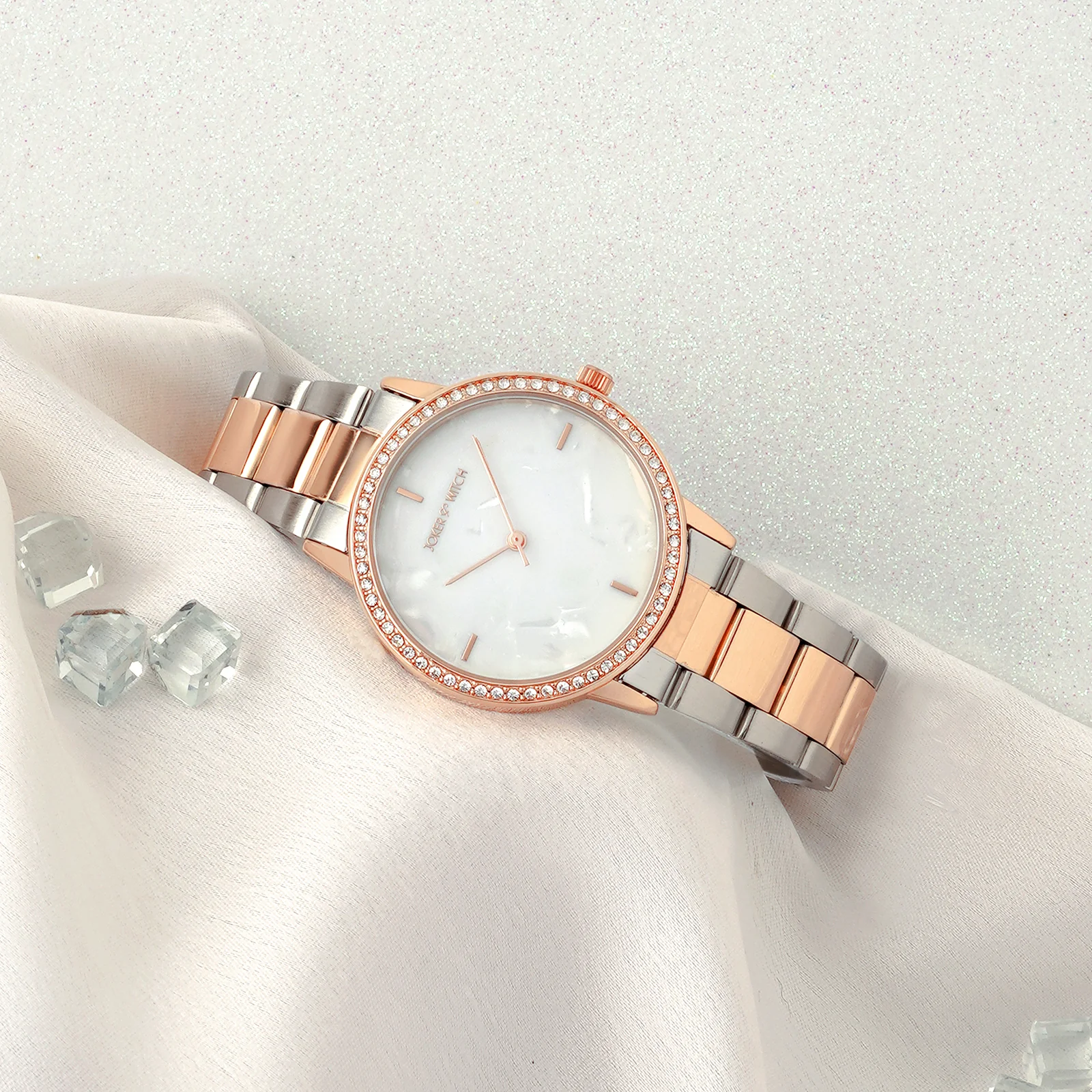 Comet White MOP Medium Rhinestone Dial Dual Tone Linked Chain Strap Women's Watch