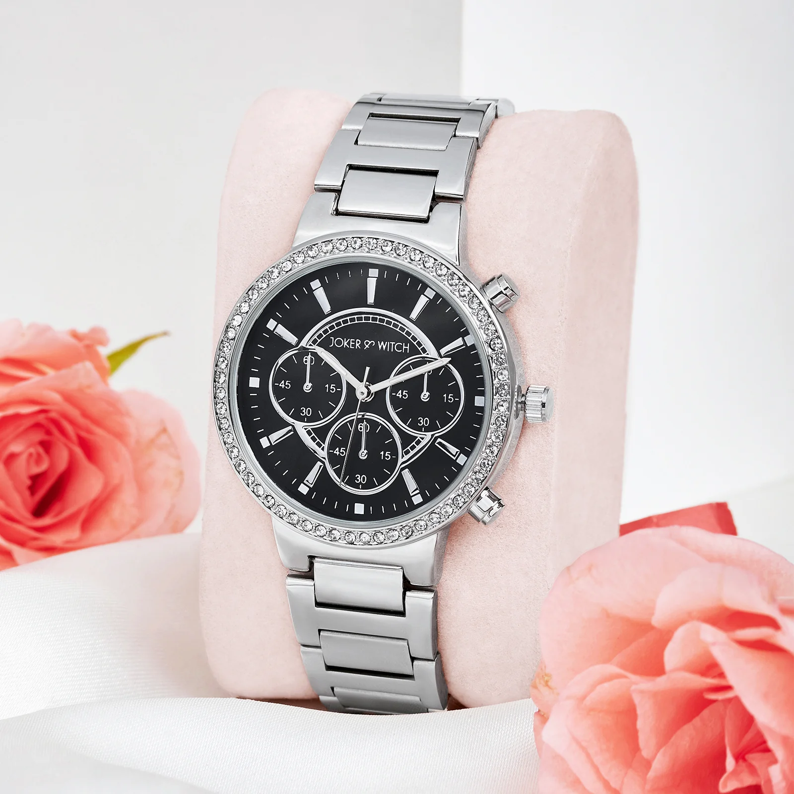 Darleen Black Medium Rhinestone Dial Silver Linked Chain Strap Women's Watch