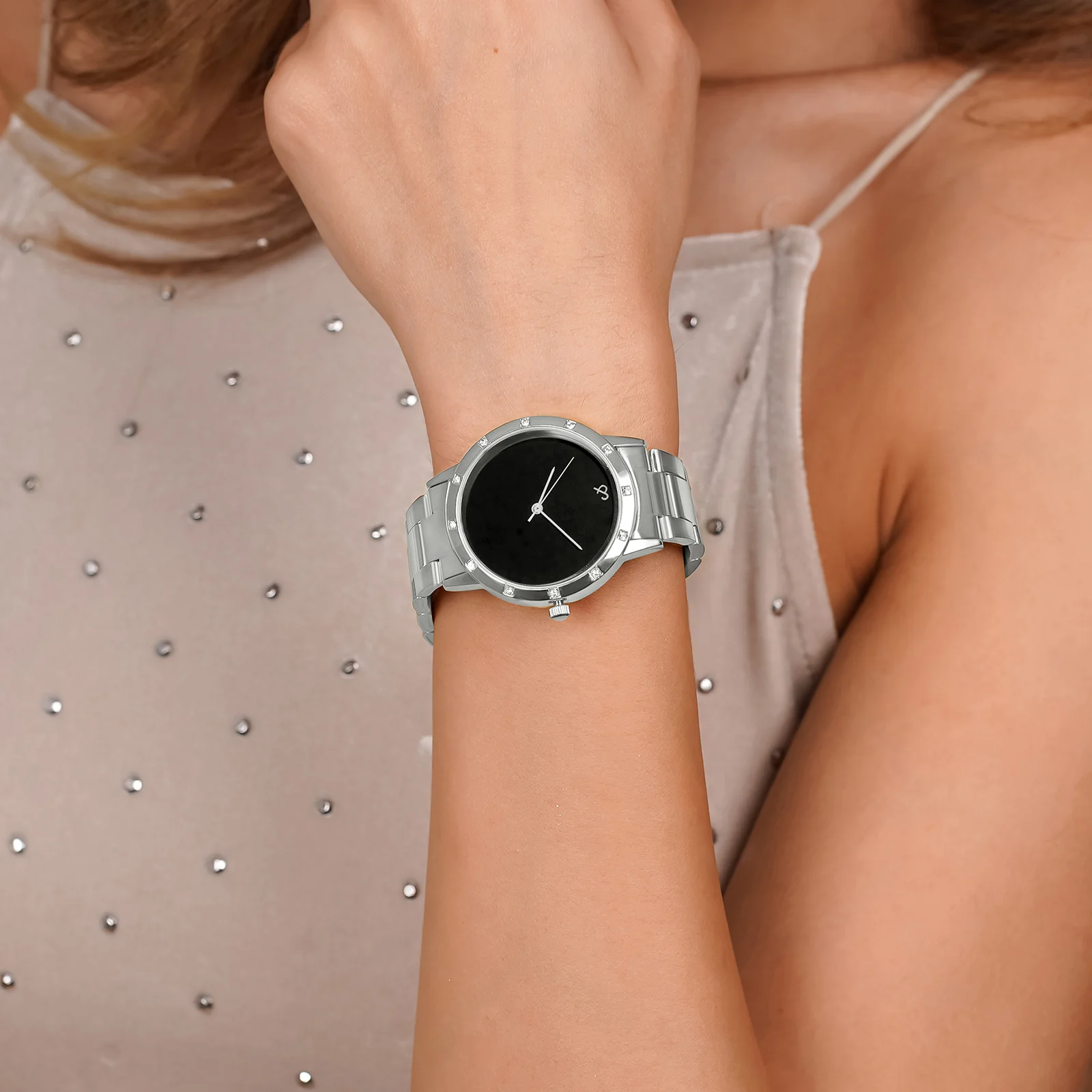 Dusk Black Large Rhinestone Dial Silver Linked Chain Strap Women's Watch - Image 2