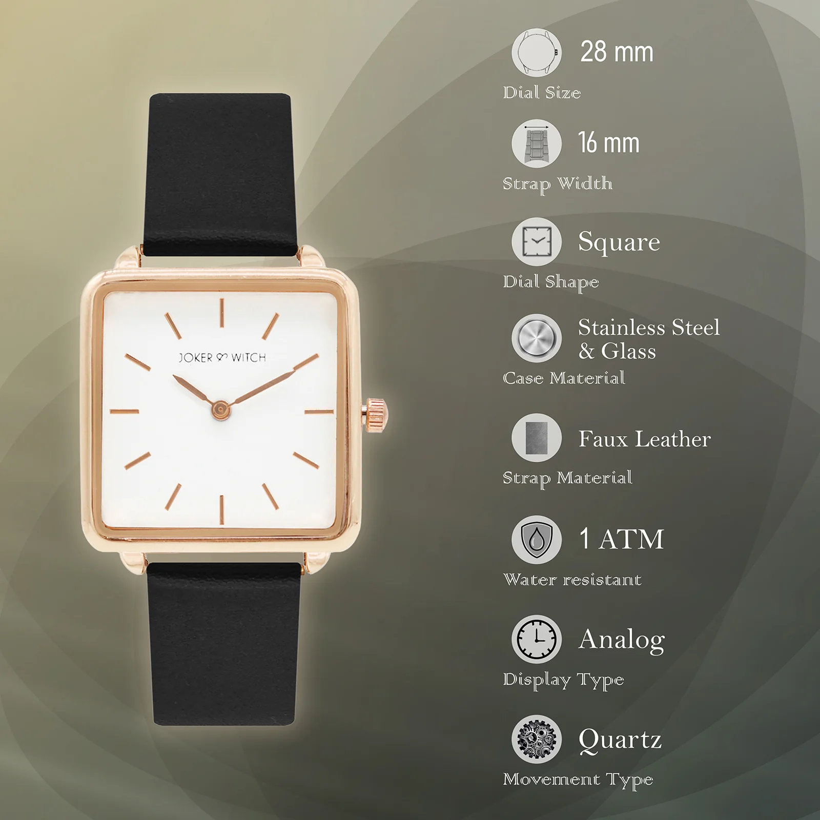 Emily White Small Square Dial Black PU Strap Women's Watch - Image 6