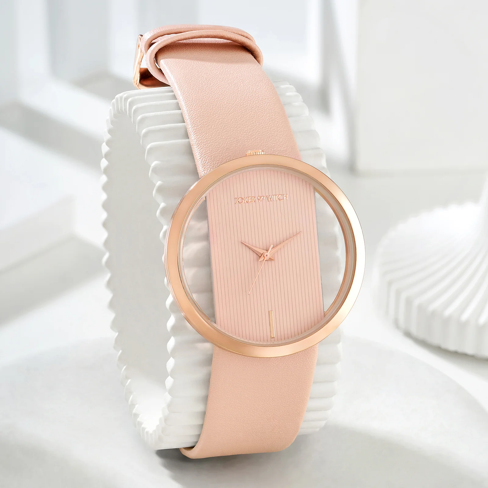 Futuristic Rose Gold Pink Large Dial PU Strap Women's Watch