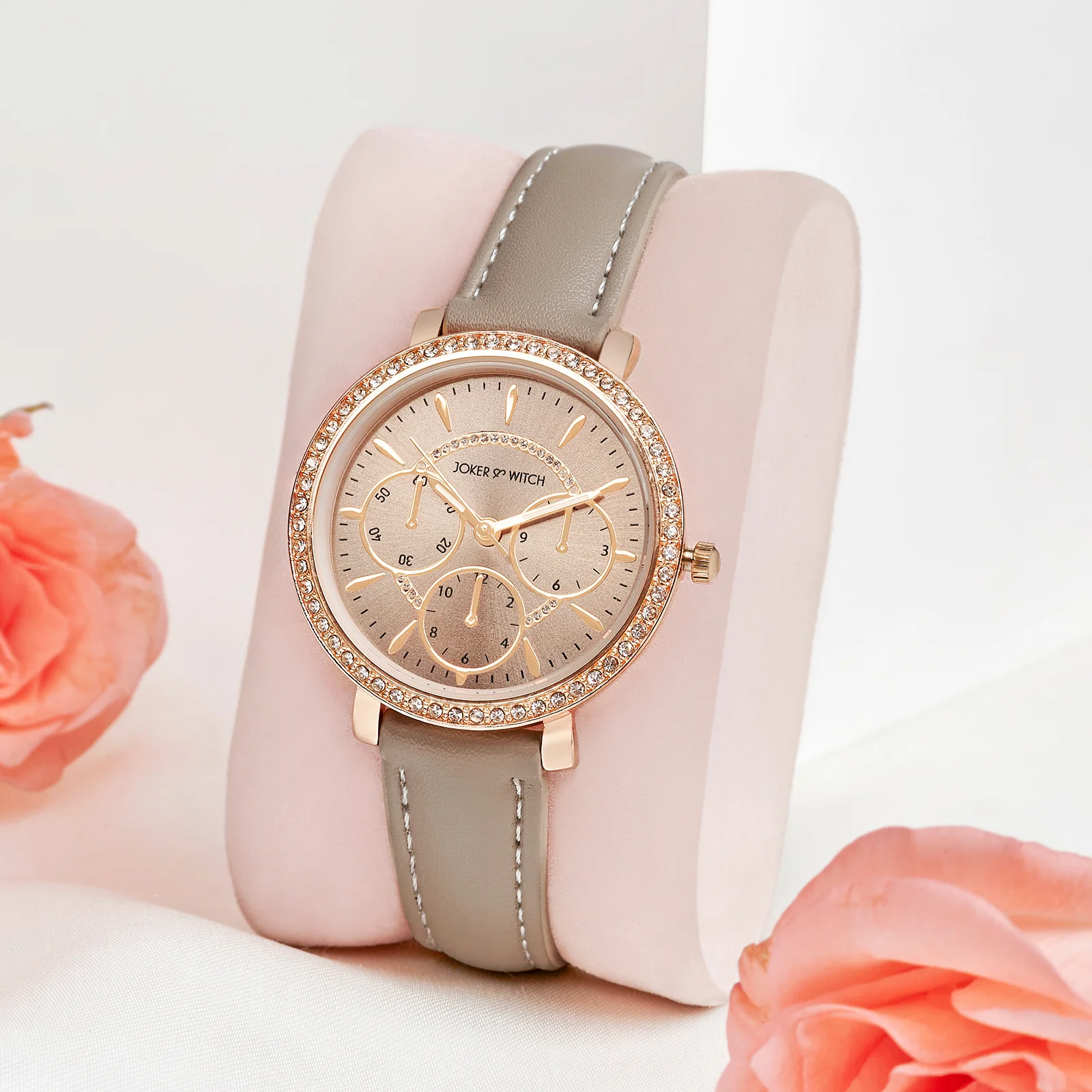 Giselle Taupe Medium Rhinestone Dial PU Strap Women's Watch