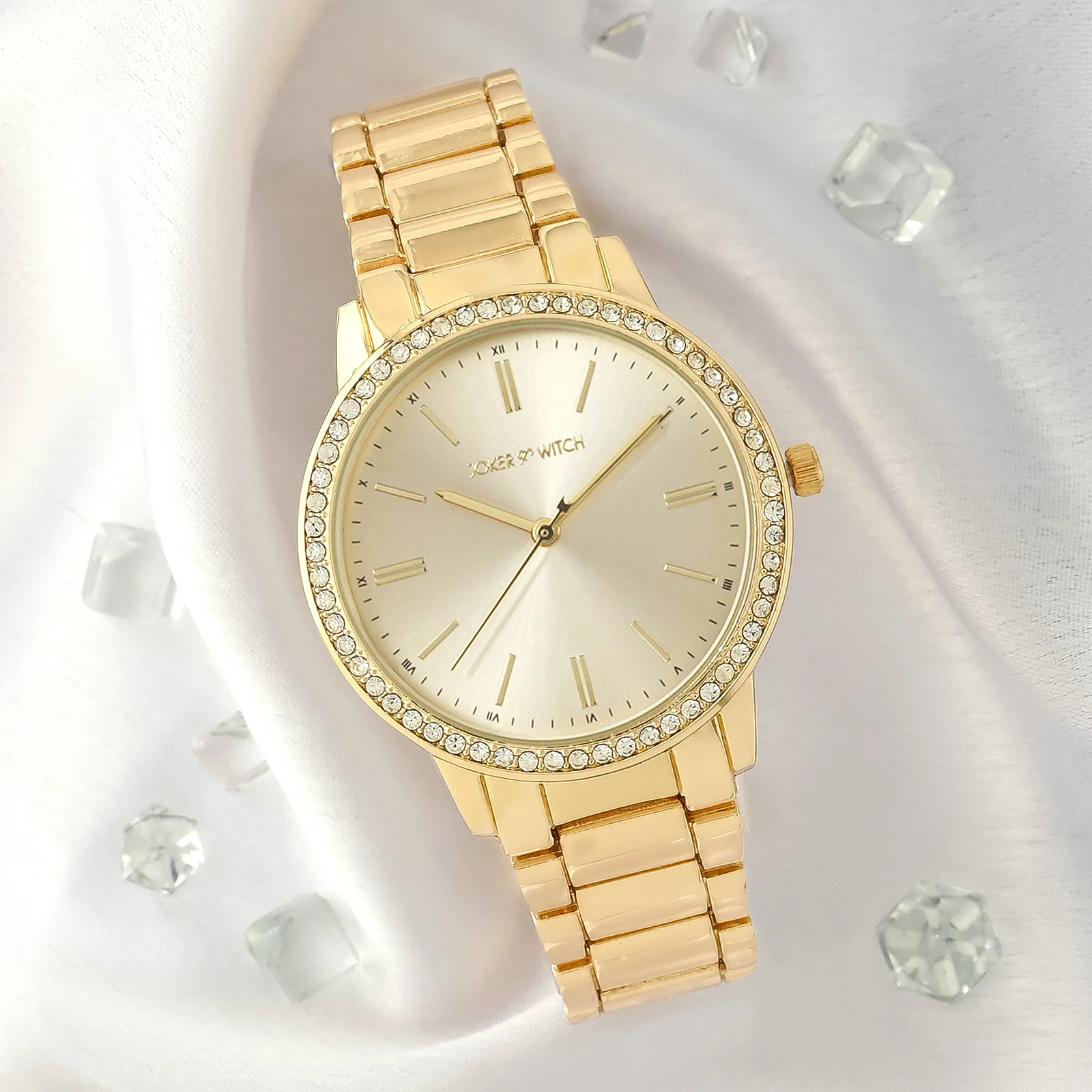 Halo Gold Large Rhinestone Dial Linked Chain Strap Women's Watch