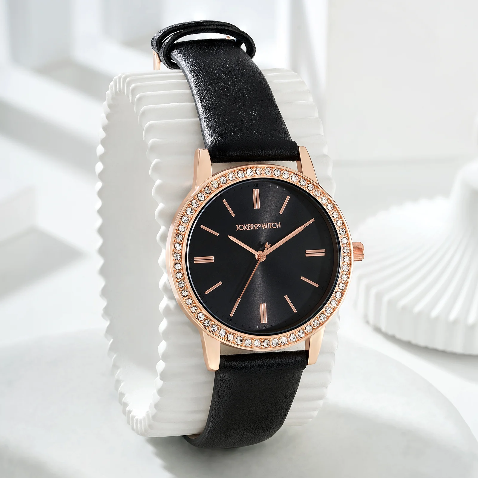 Halo Black Sunray Large Rhinestone Dial Black PU Strap Women's Watch
