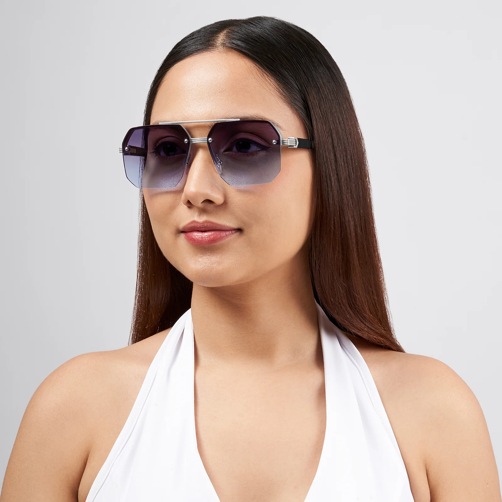Hexa Geometric Sunglasses With Silver Frame And Grey-Blue Ombre Lenses - Image 2