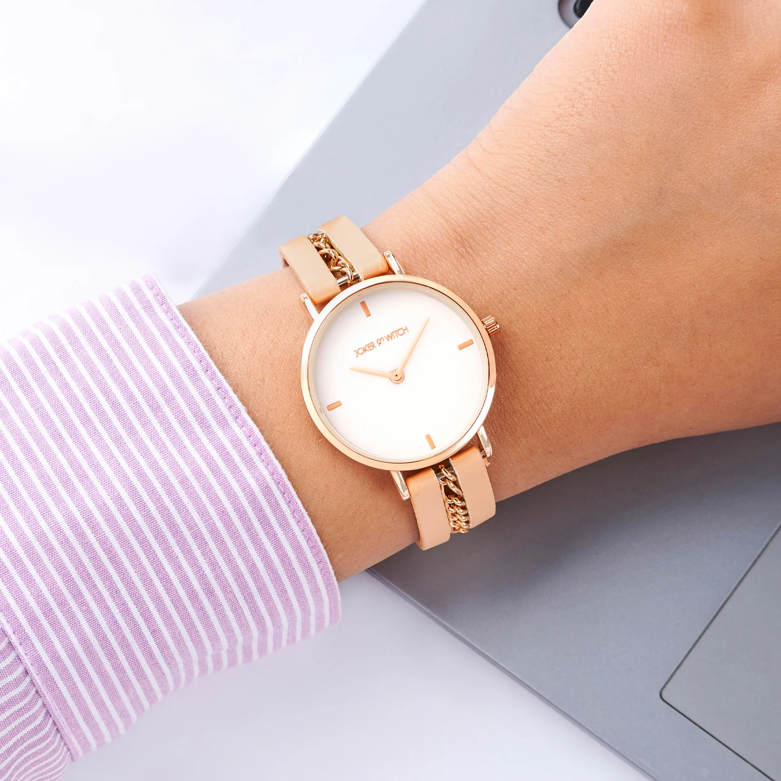 Kristina White Medium Dial Beige PU-Chain Strap Women's Watch