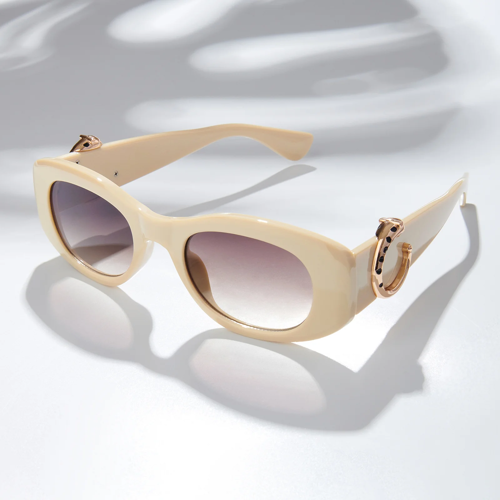 Leona Chunky Beige Sunglasses With Gold Panther Accents And Purple Ombre Lenses