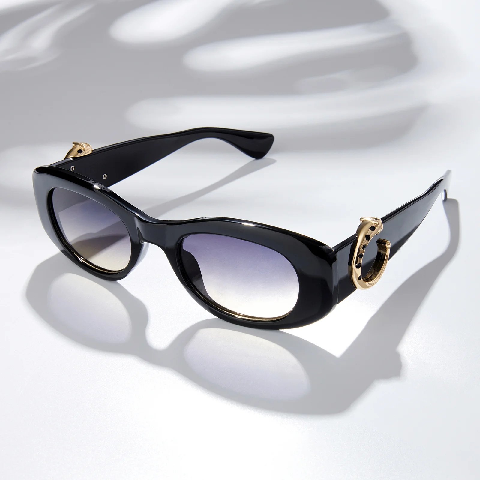 Leona Chunky Black Sunglasses With Gold Panther Accents And Purple Ombre Lenses