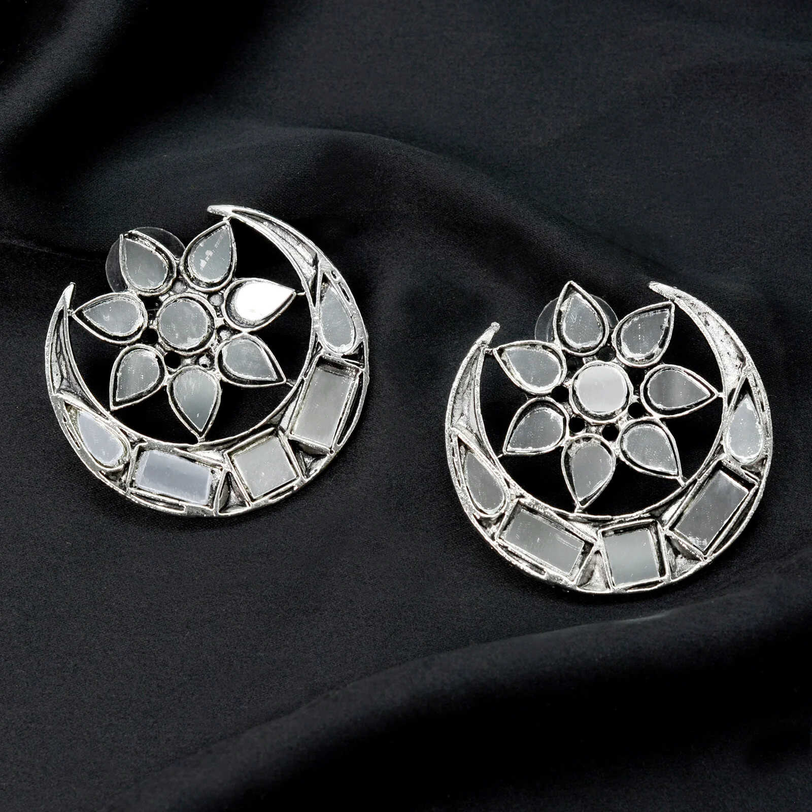 Manth Silver Oxidized Mirror Earrings