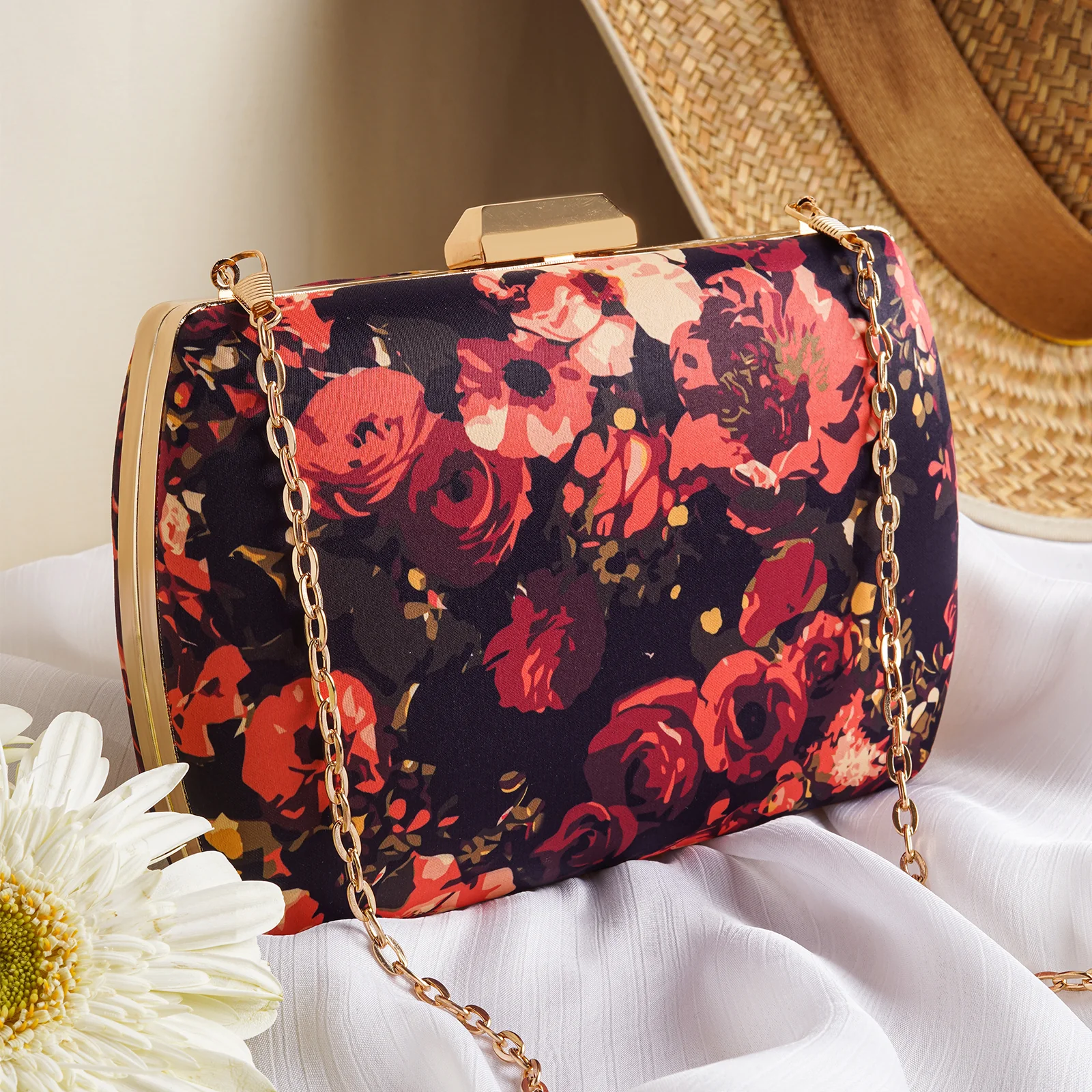 Midnight Mimosa Black And Red Printed Clutch