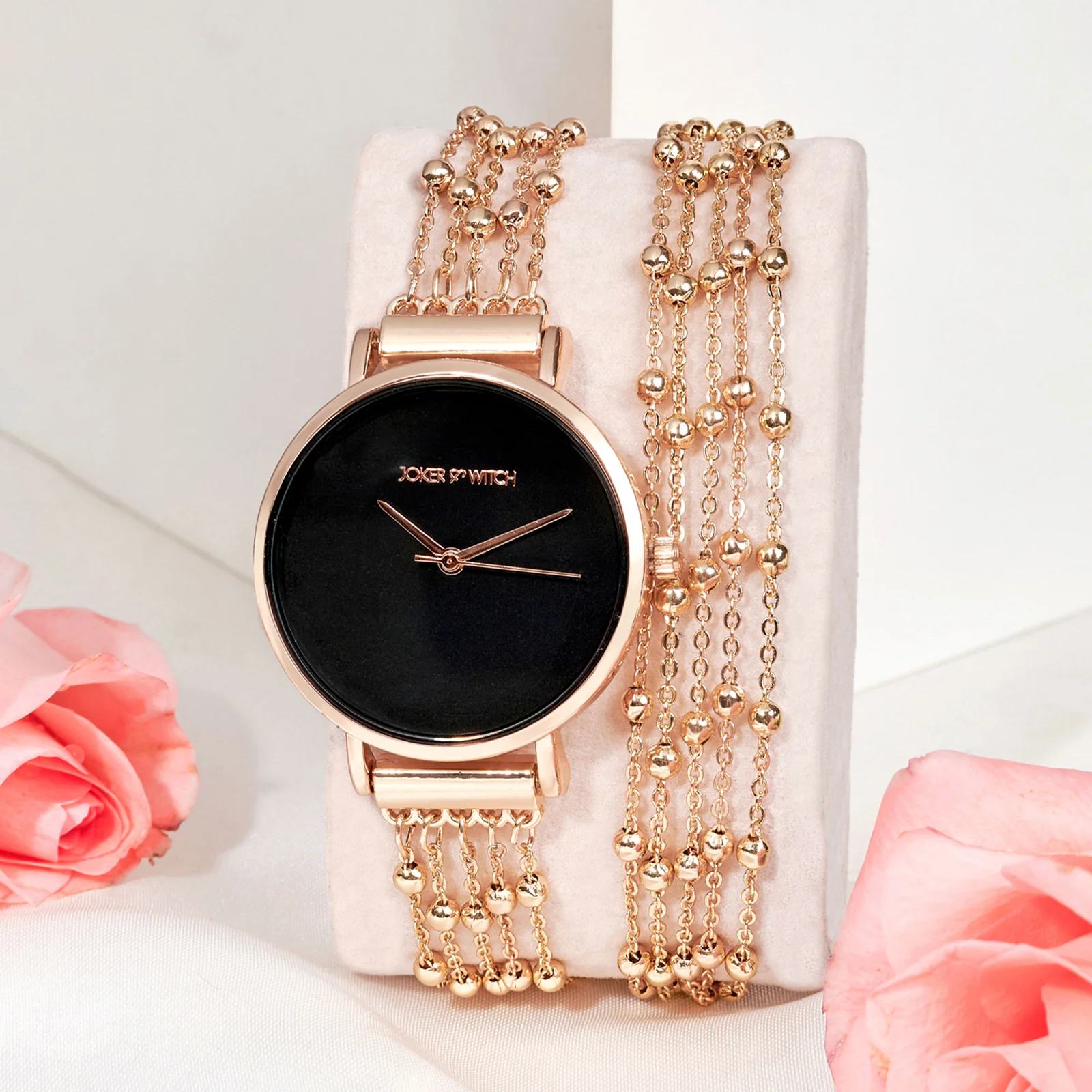 Nami Black Medium Dial Rose Gold Chain Wrap Around Strap Women's Watch
