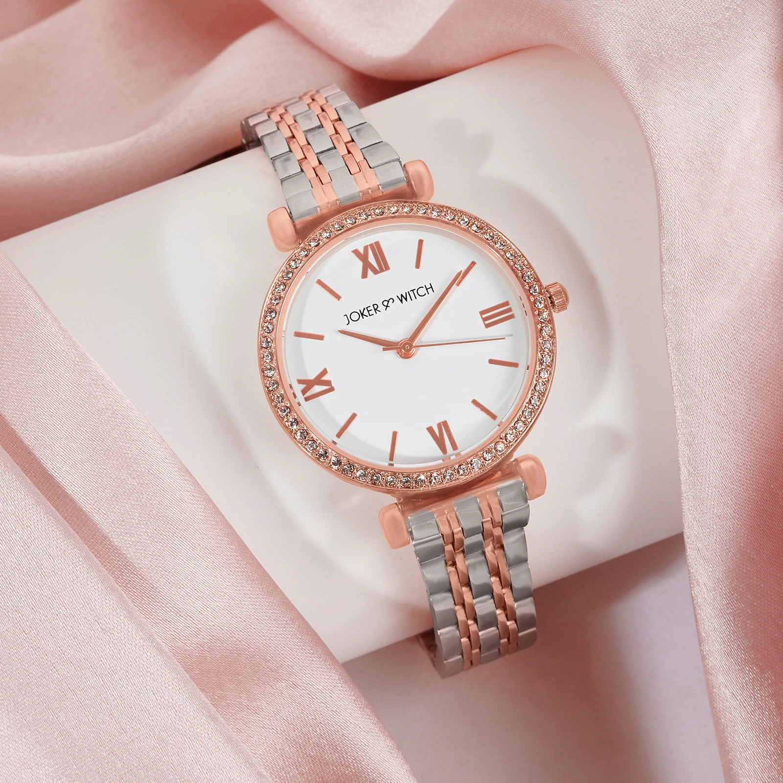 Opaline White Medium Rhinestone Dial Dual Tone Linked Chain Strap Women's Watch