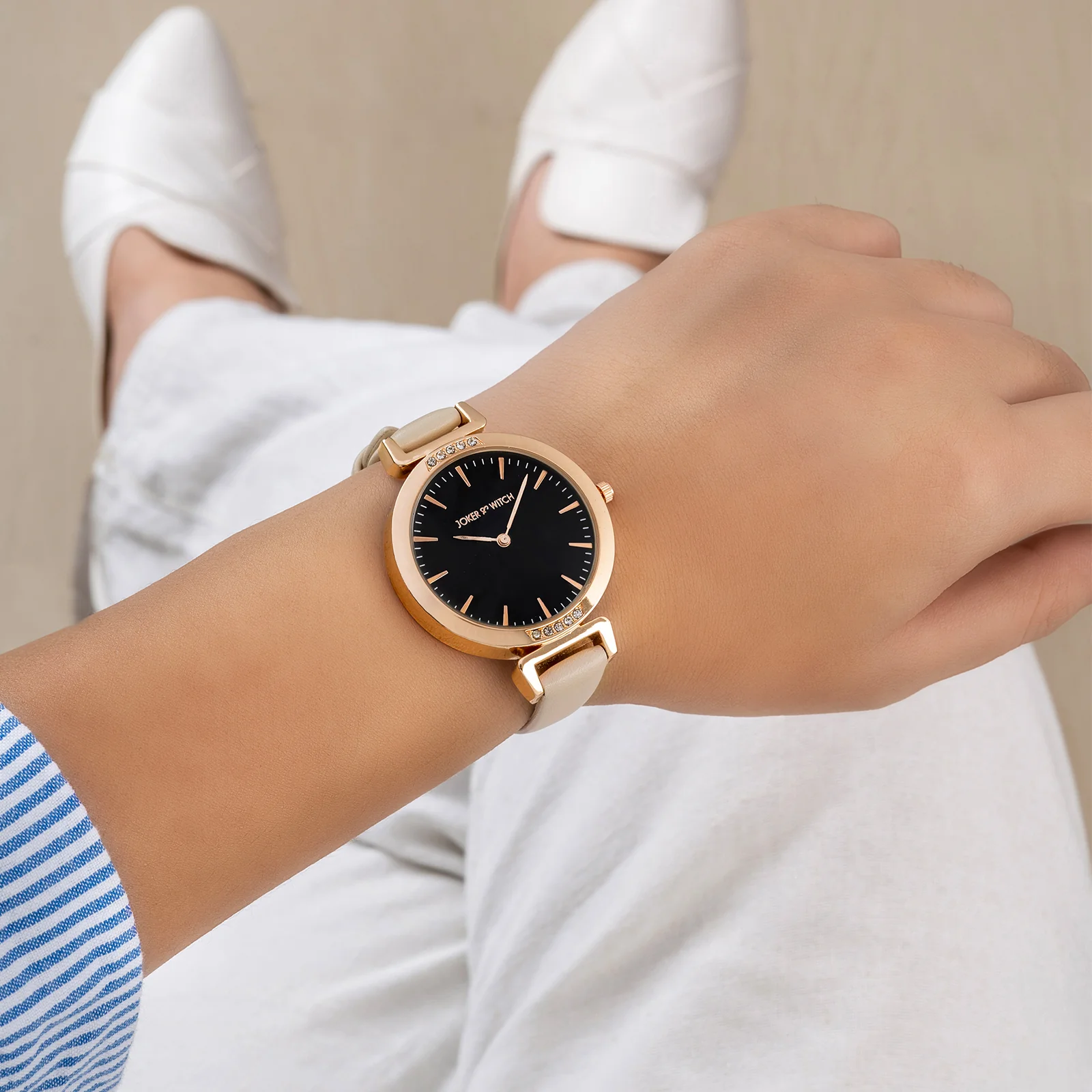 Petite Black Medium Dial Beige PU Strap Women's Watch