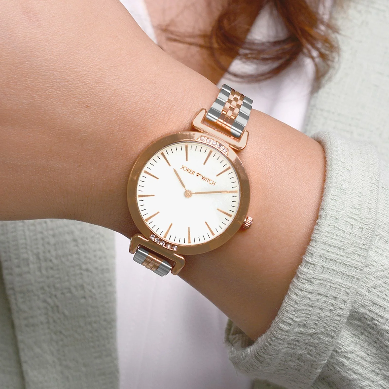 Petite White Medium Dial Dual Tone Linked Chain Strap Women's Watch