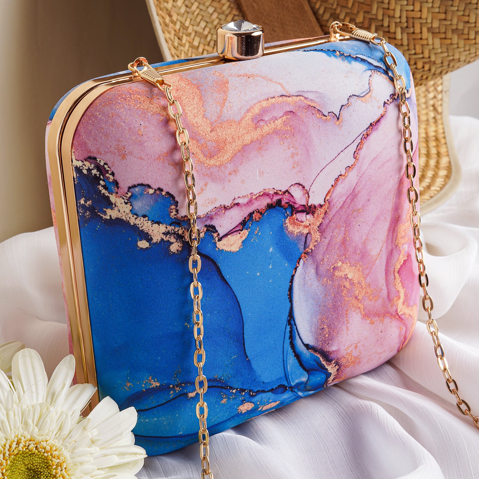 Posy Sparkle Blue And Pink Printed Clutch