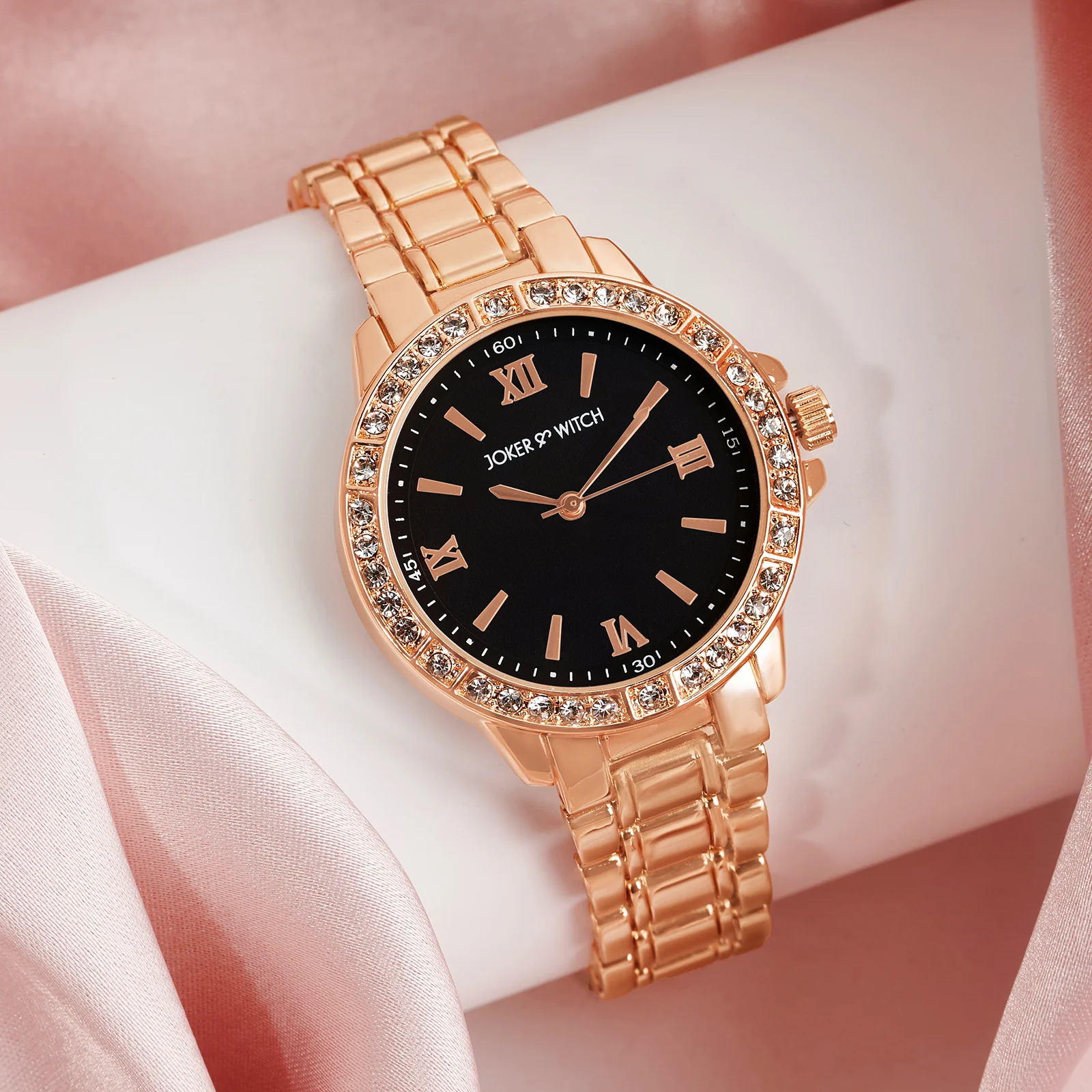 Radiant Halo Black Medium Rhinestone Dial Rose Gold Linked Chain Strap Women's Watch