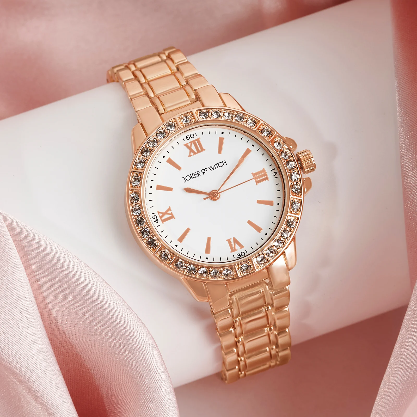 Radiant Halo White Medium Rhinestone Dial Rose Gold Linked Chain Strap Women's Watch