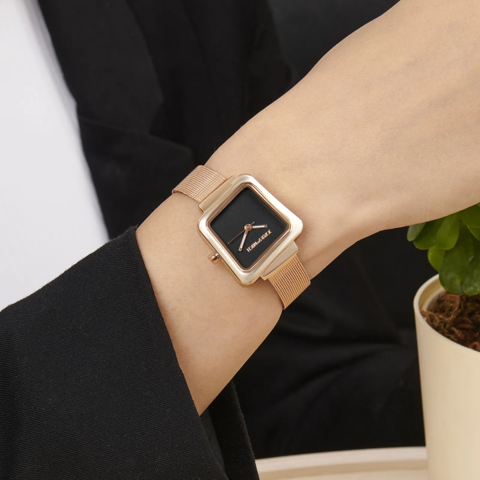 Regalia Black Small Hexagon Dial Rose Gold Mesh Strap Women's Watch