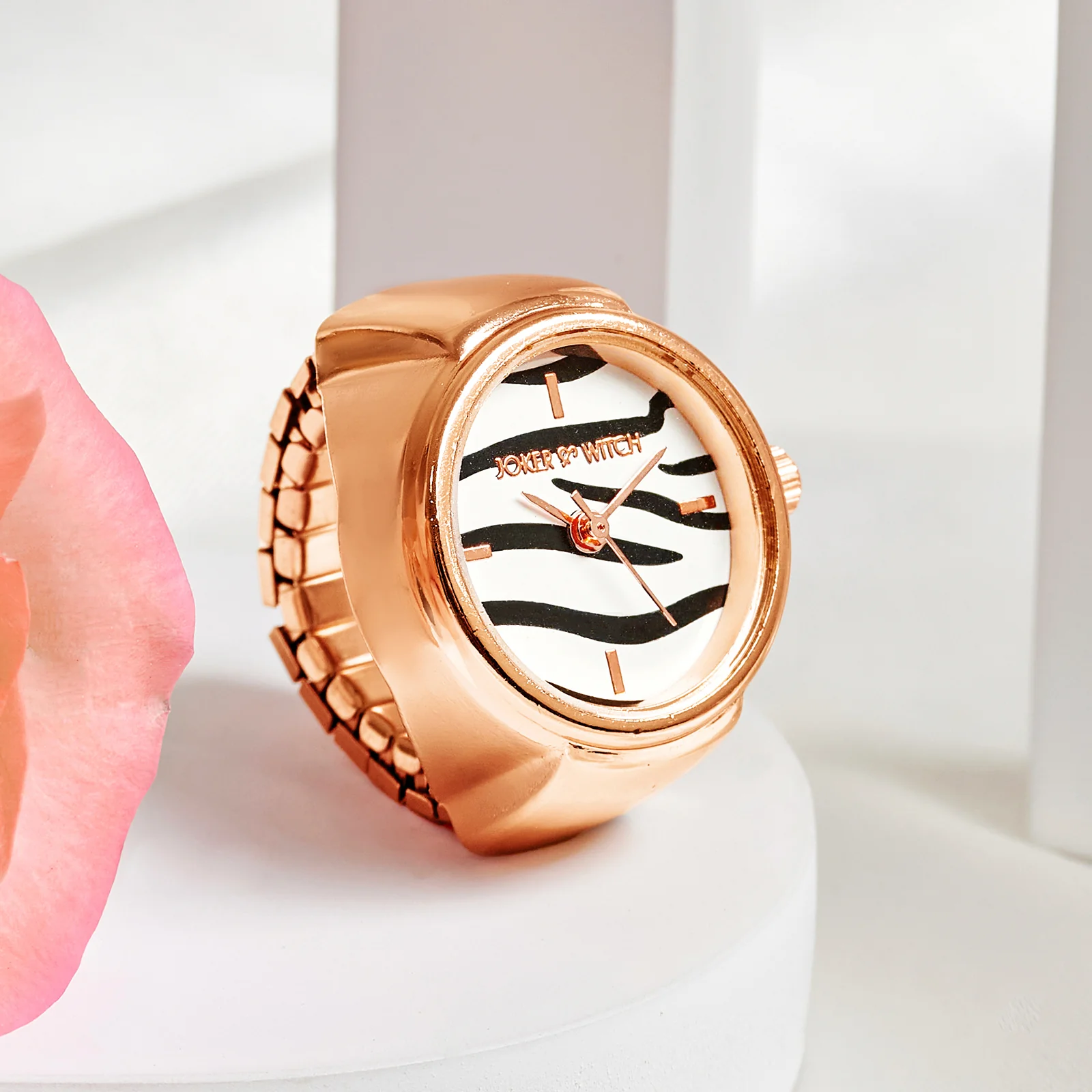 Savanna Zebra Mini Dial Rose Gold Women's Ring Watch - Image 2