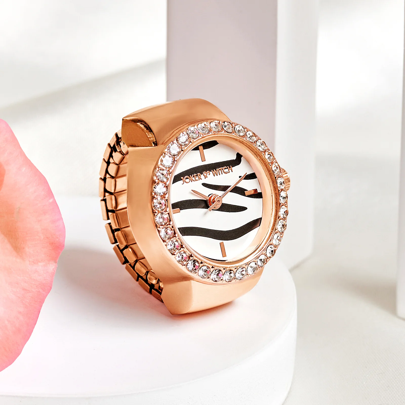 Savanna Zebra Mini Rhinestone Dial Rose Gold Women's Ring Watch