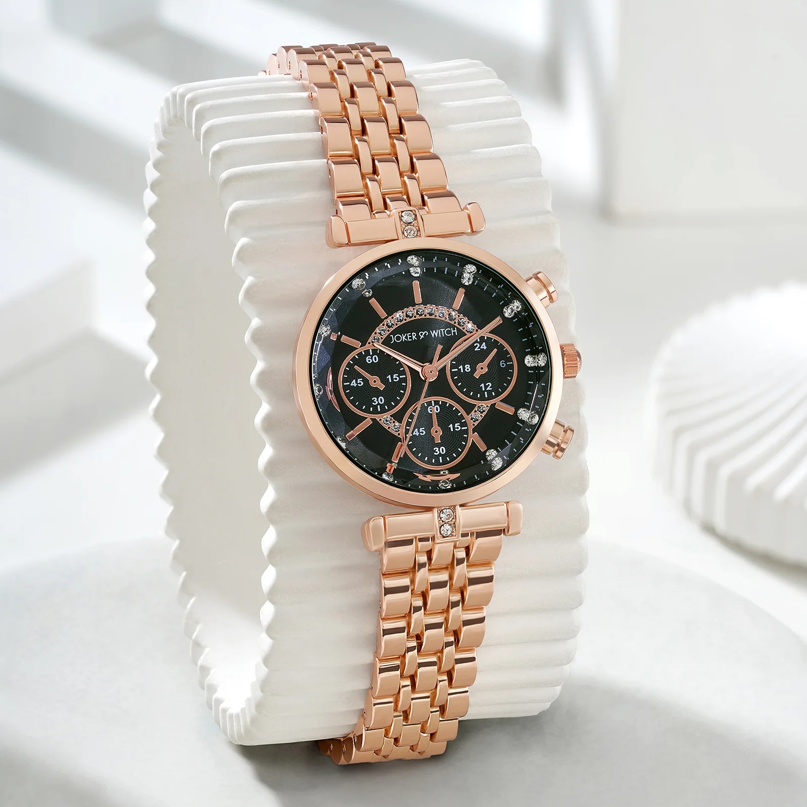 Solace Black Sunray Crystal Glass Small Dial Rosegold Metallic Strap Women's Watch