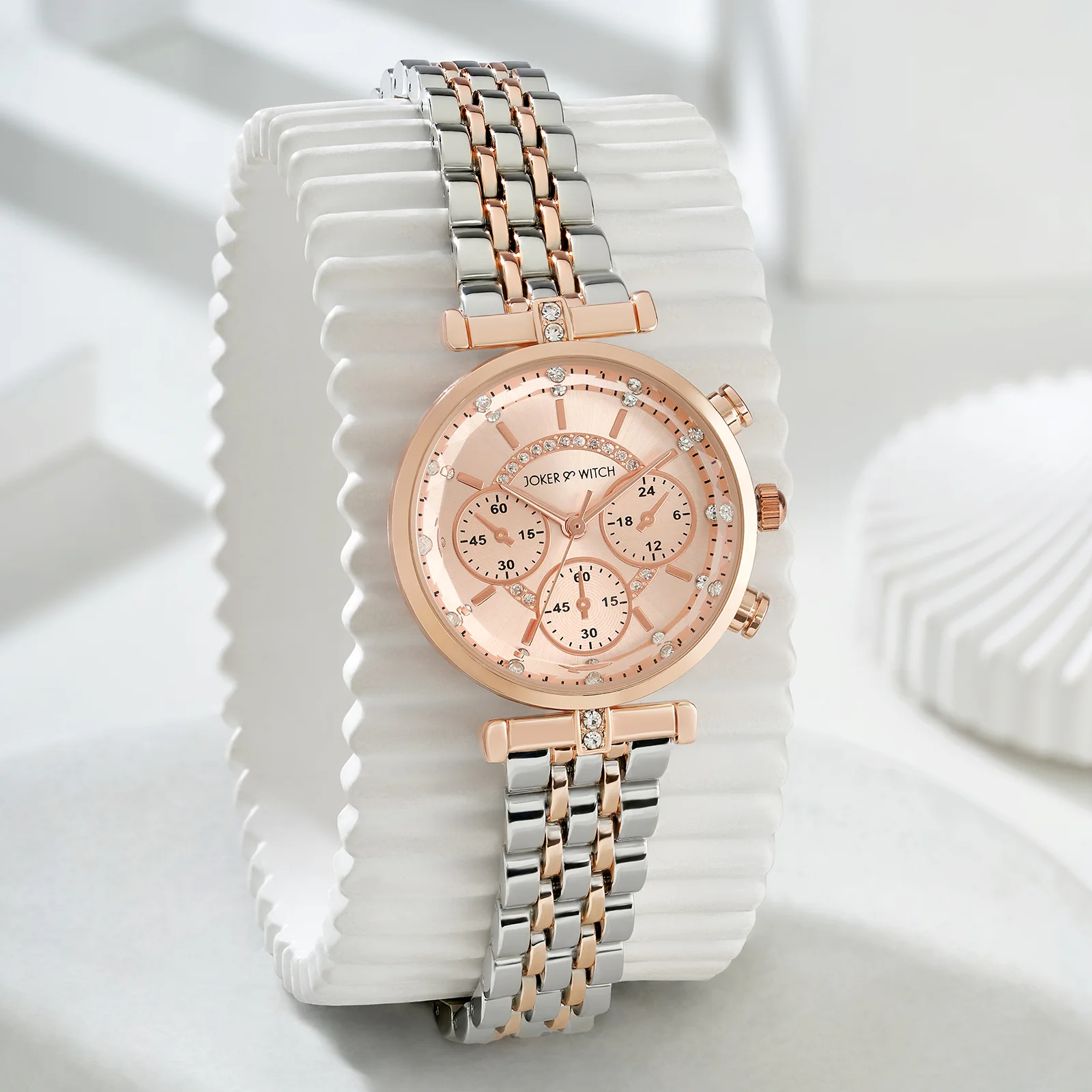 Solace Rosegold Sunray Crystal Glass Small Dial Dualtone Metallic Strap Women's Watch