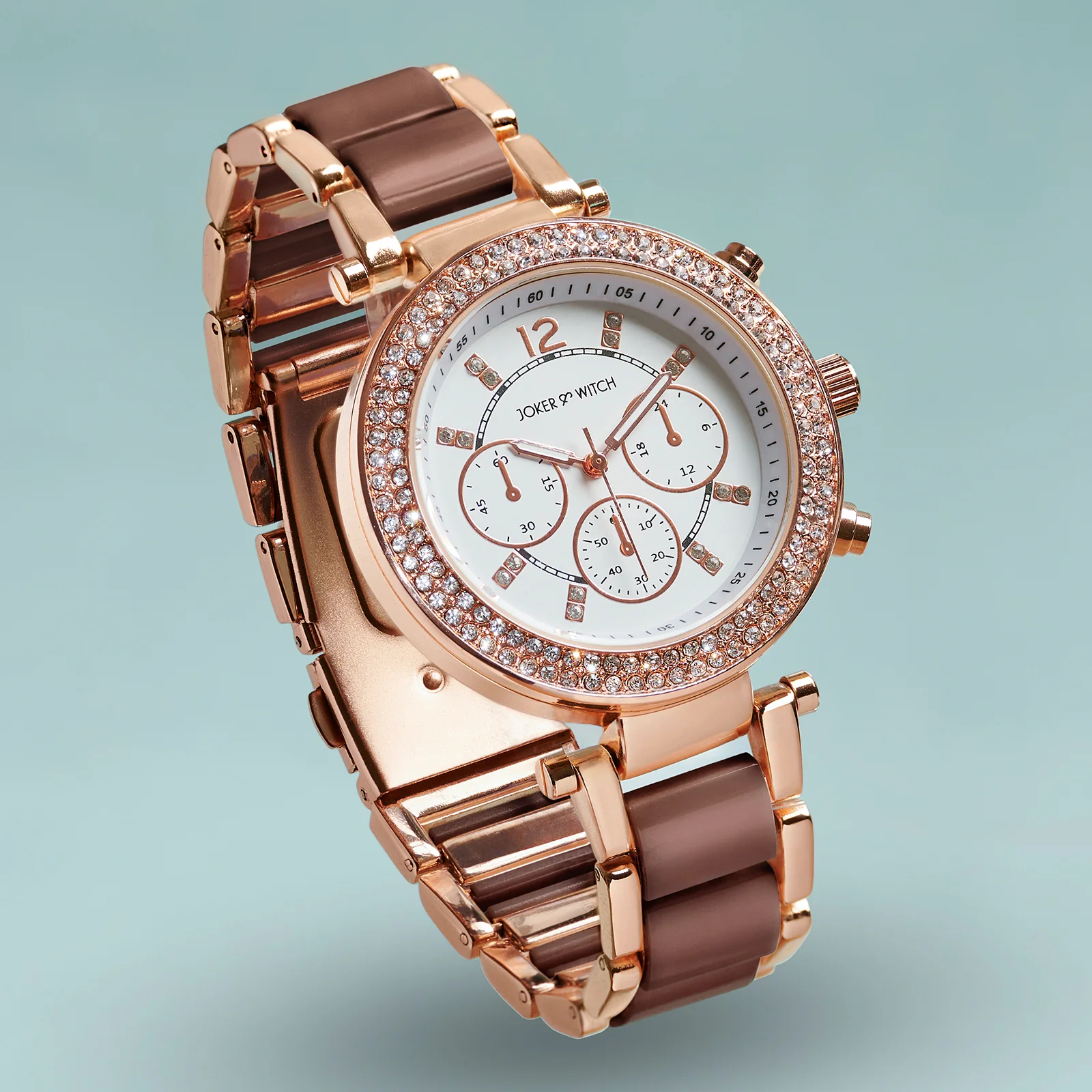 Suzanne White Large Rhinestone Dial Brown Ceramic Linked Chain Strap Women's Watch