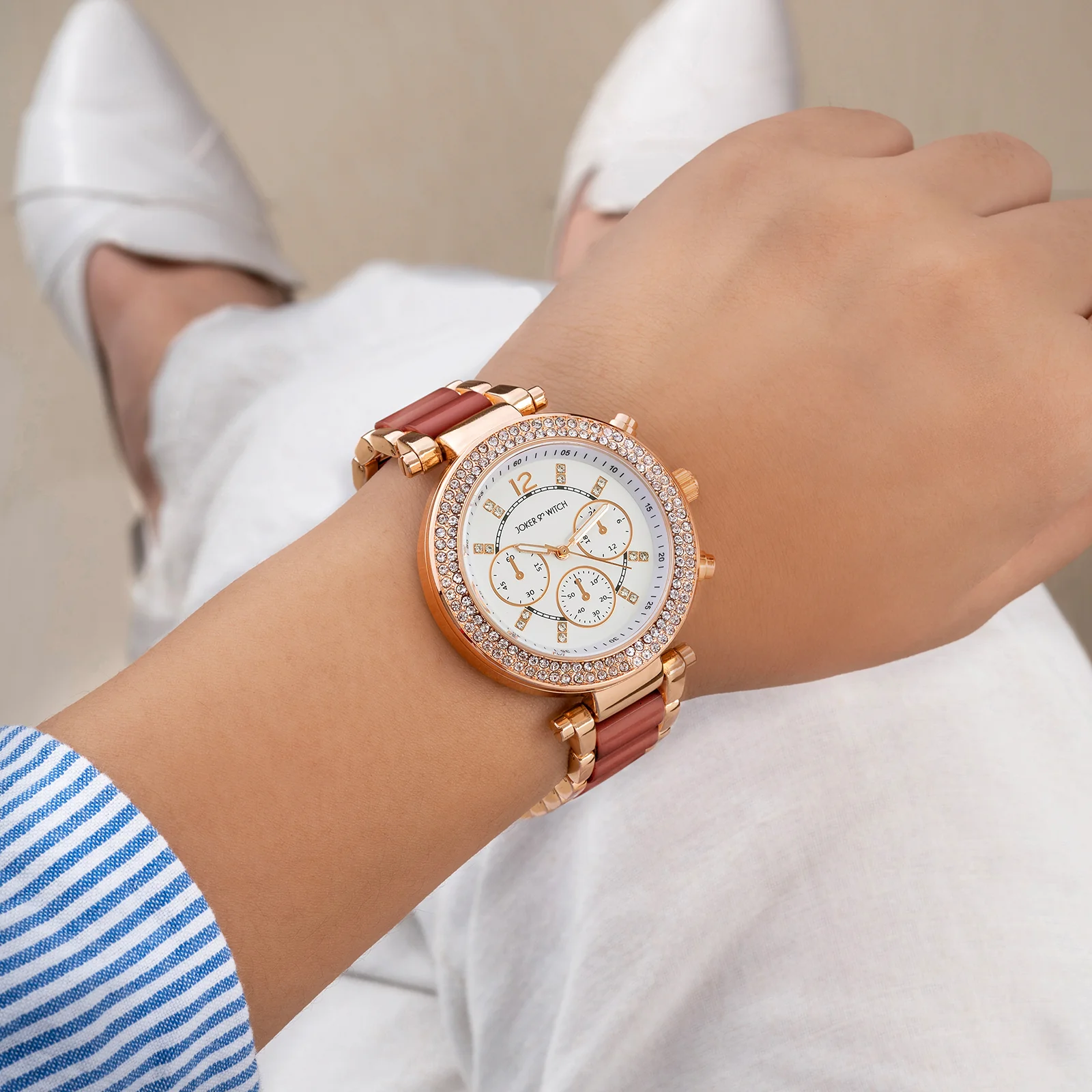 Suzanne White Large Rhinestone Dial Maroon Ceramic Linked Chain Strap Women's Watch - Image 2