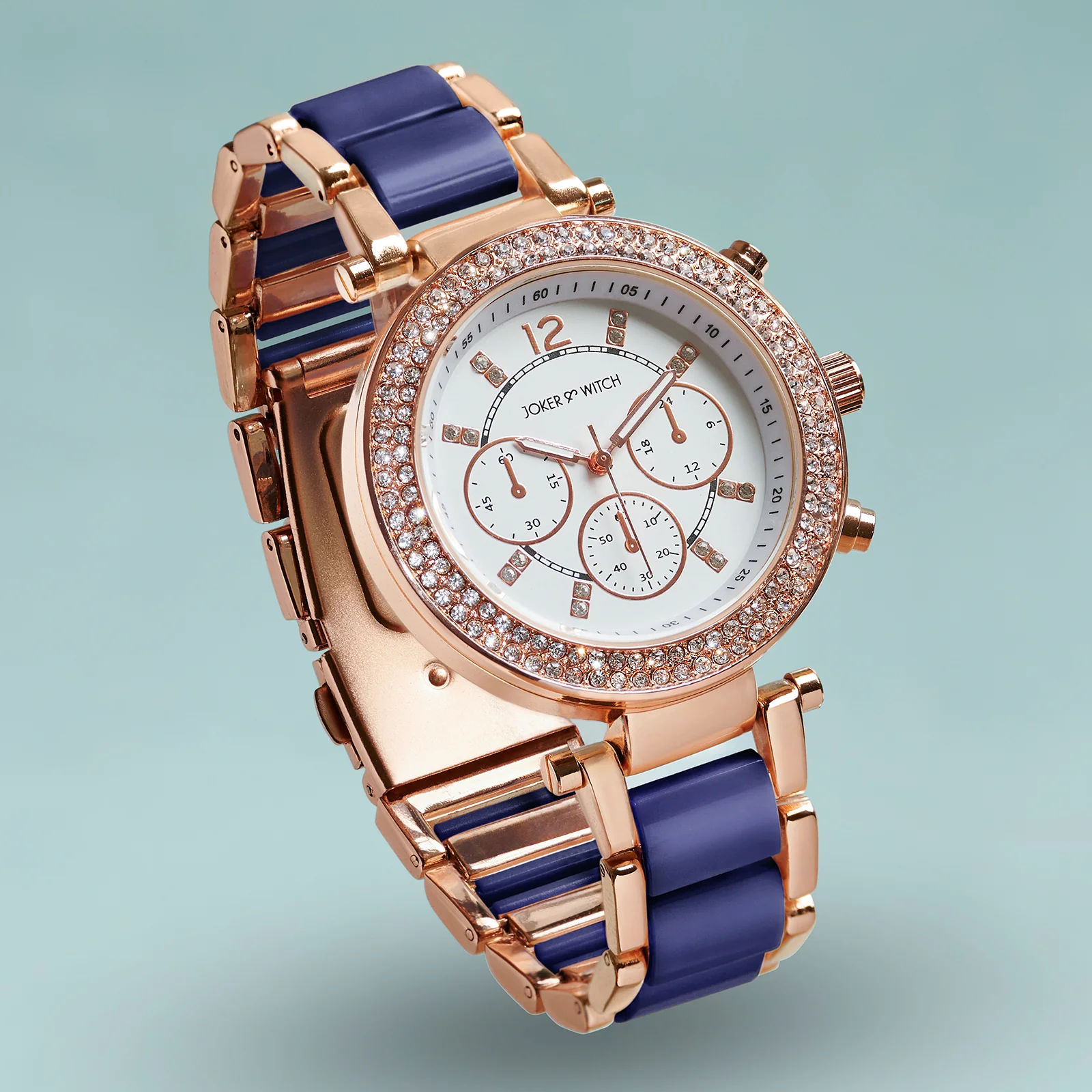Suzanne White Large Rhinestone Dial Navy Ceramic Linked Chain Strap Women's Watch