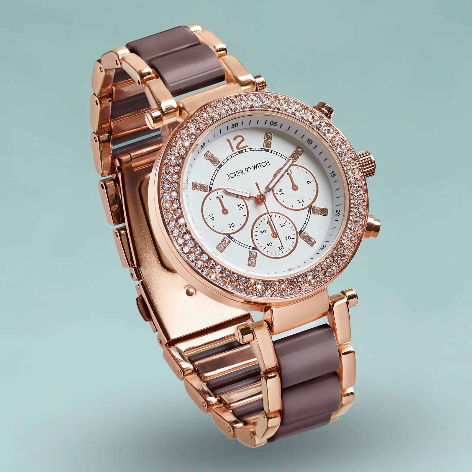 Suzanne White Large Rhinestone Dial Taupe Ceramic Linked Chain Strap Women's Watch