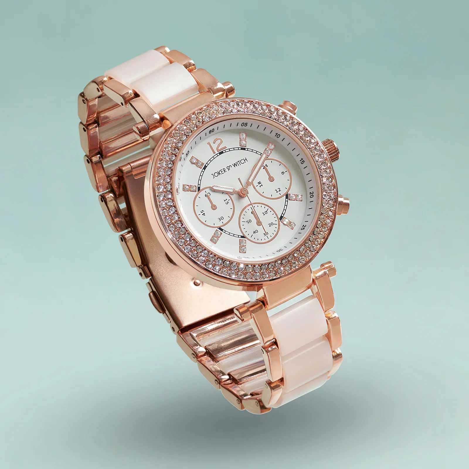 Suzanne White Large Rhinestone Dial White Ceramic Linked Chain Strap Women's Watch