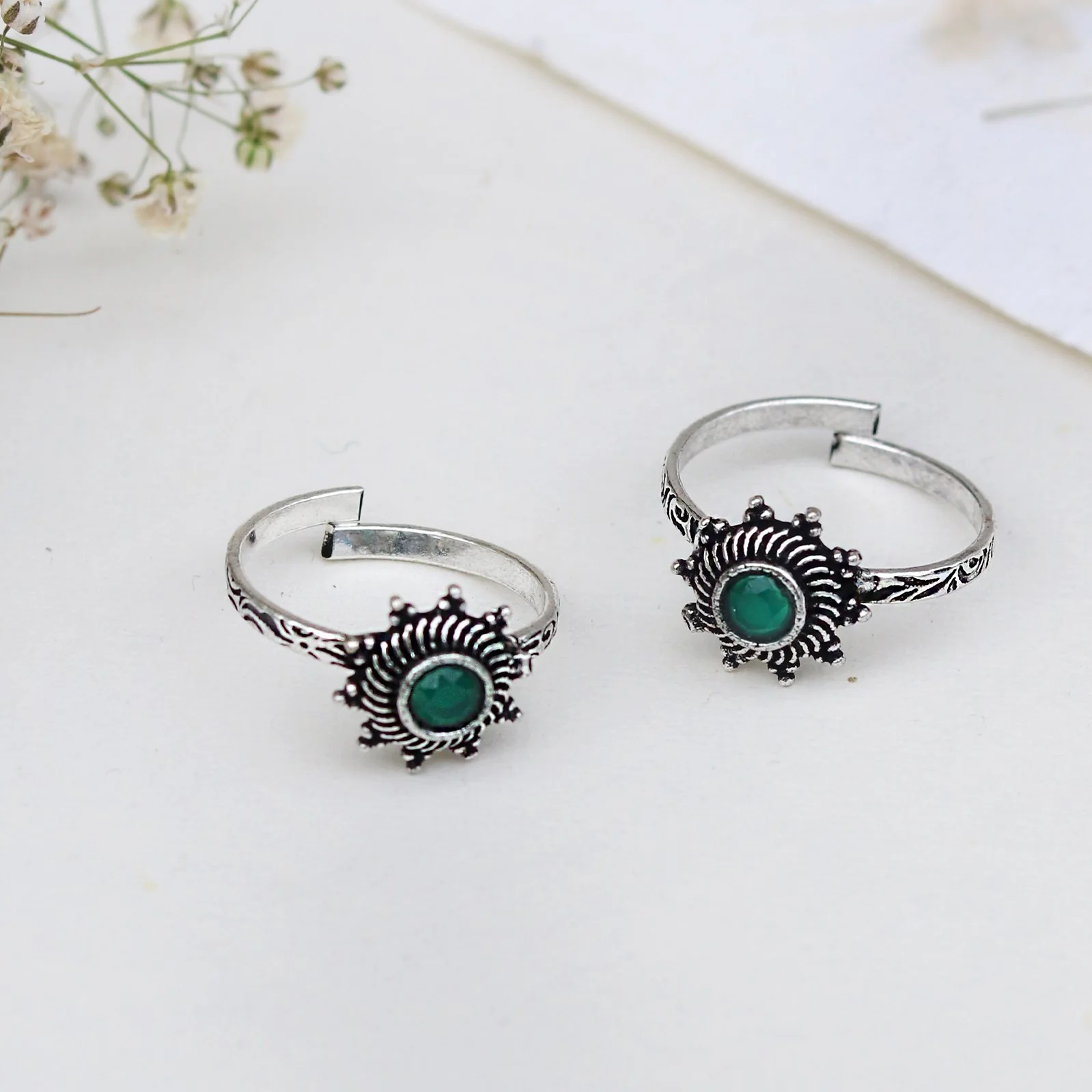 Teejh Aashvi Green Stone Silver Oxidised Toe Rings