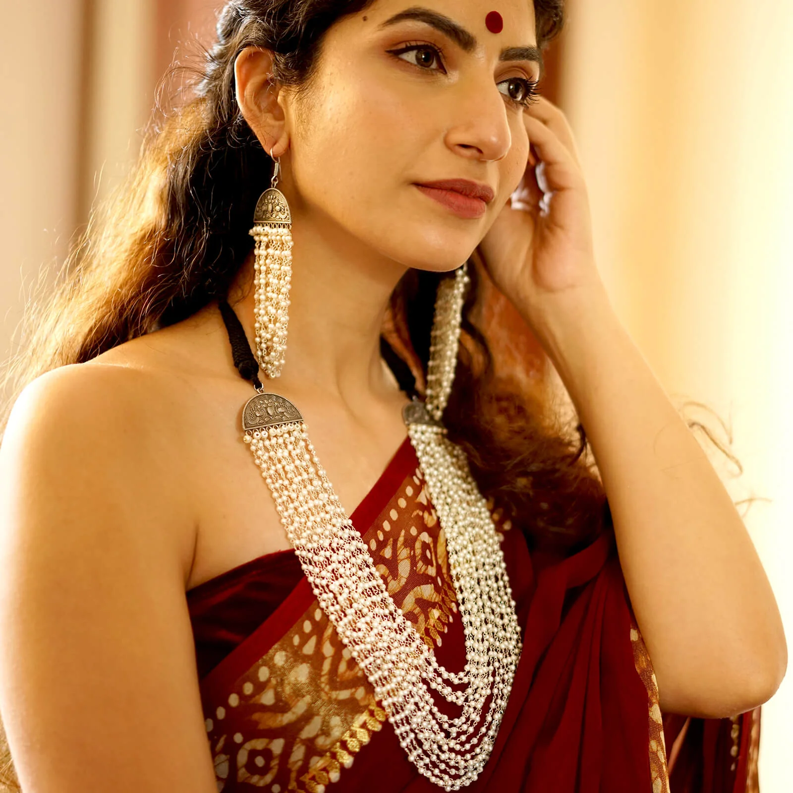 Charu Pearl Layered Silver Oxidized Necklace Set