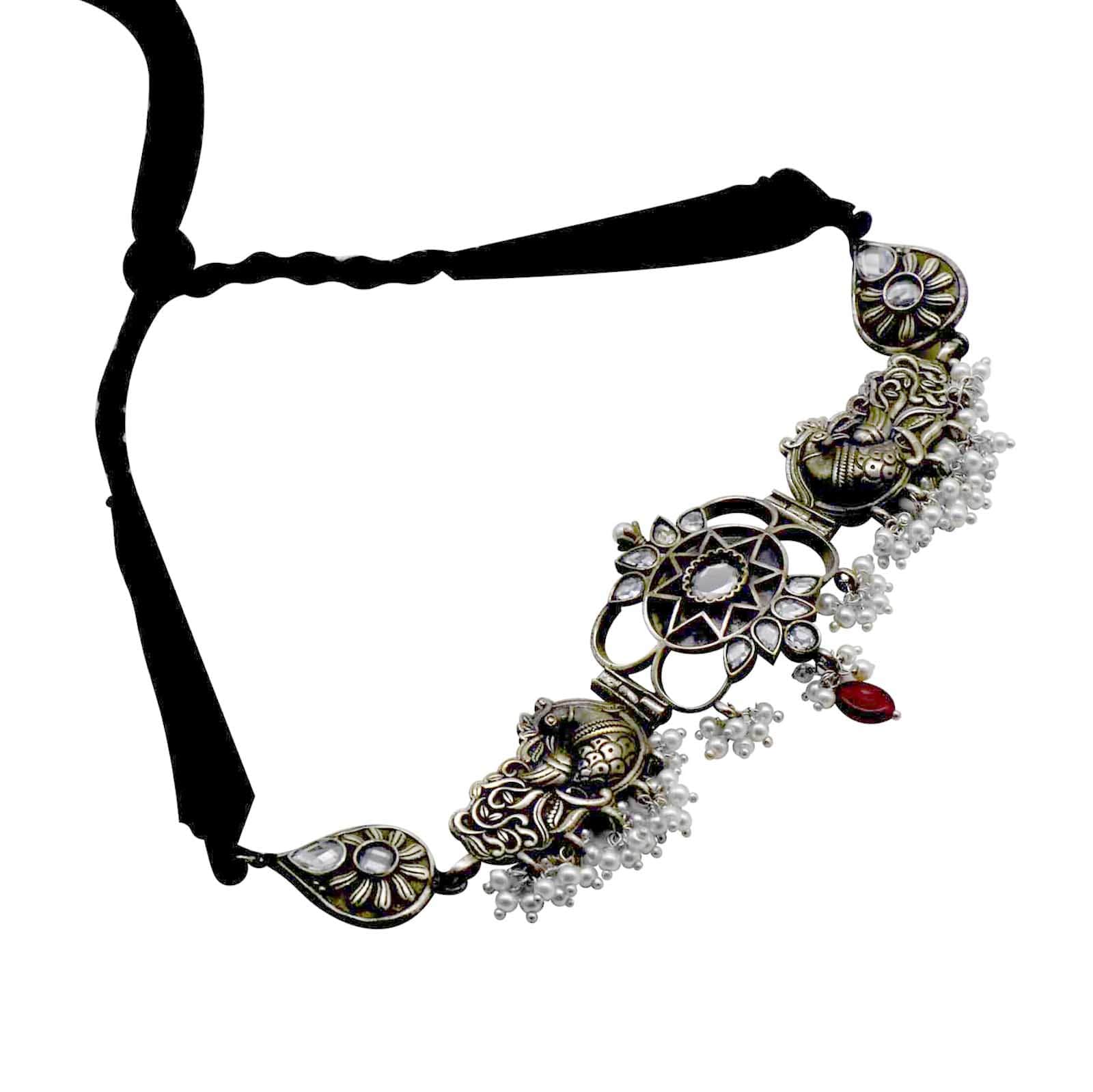 Dancing Dual Peacock White Silver Oxidized Choker Necklace - Image 5