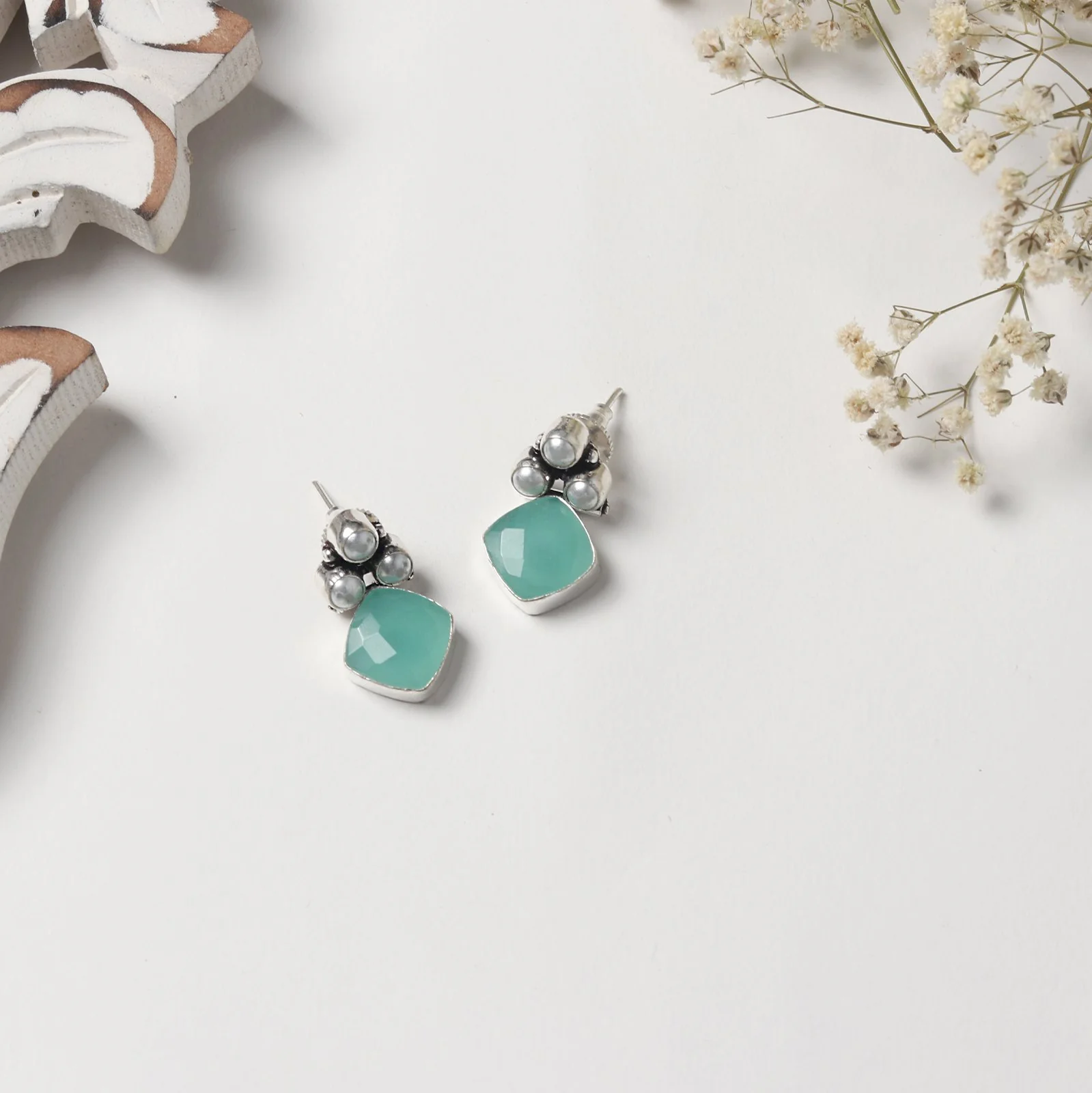 Teejh Delisha Light Blue Stone Silver Oxidised Stud Earrings - Image 2