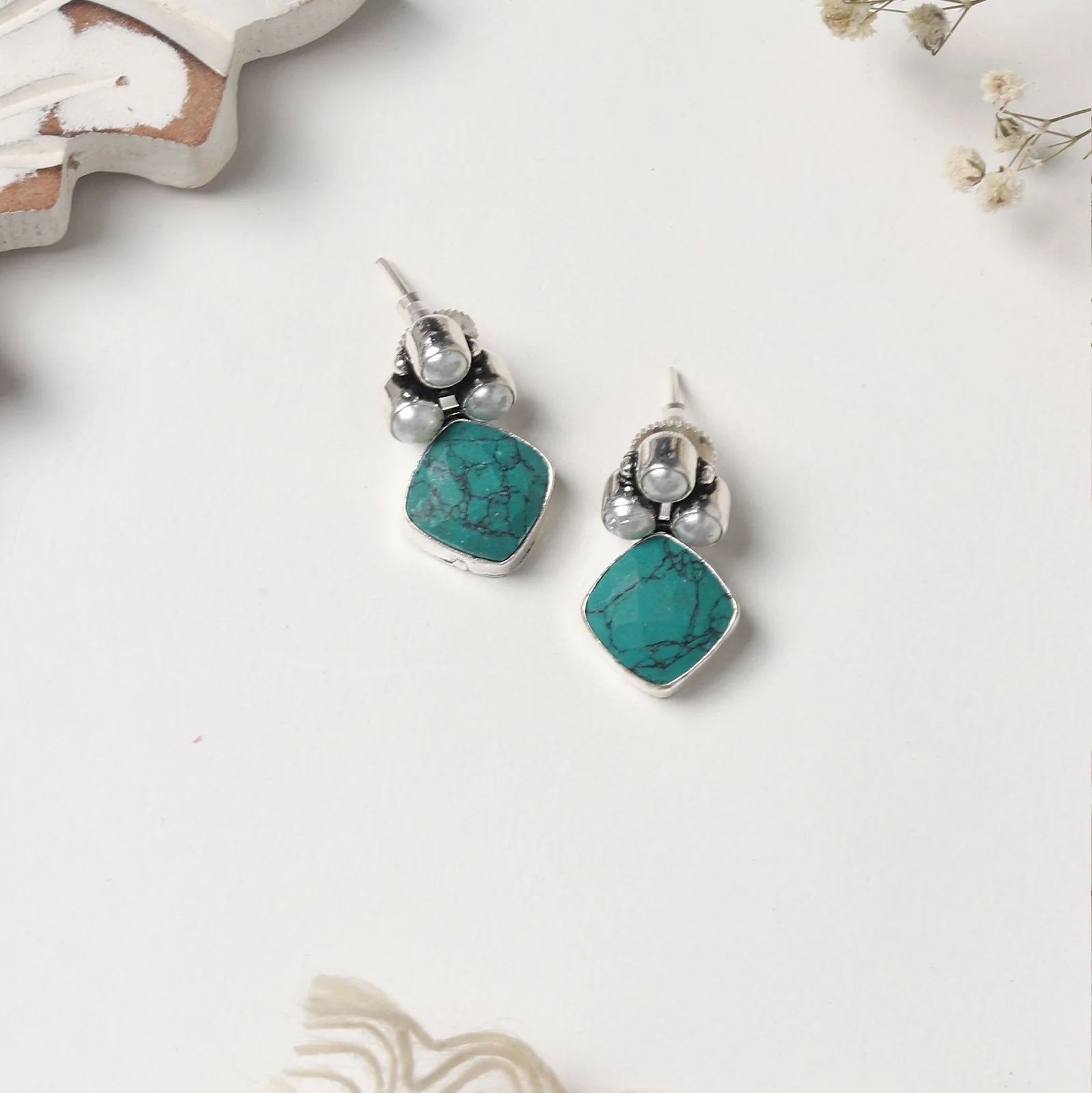 Teejh Delisha Turquoise Stone Silver Oxidised Stud Earrings - Image 2