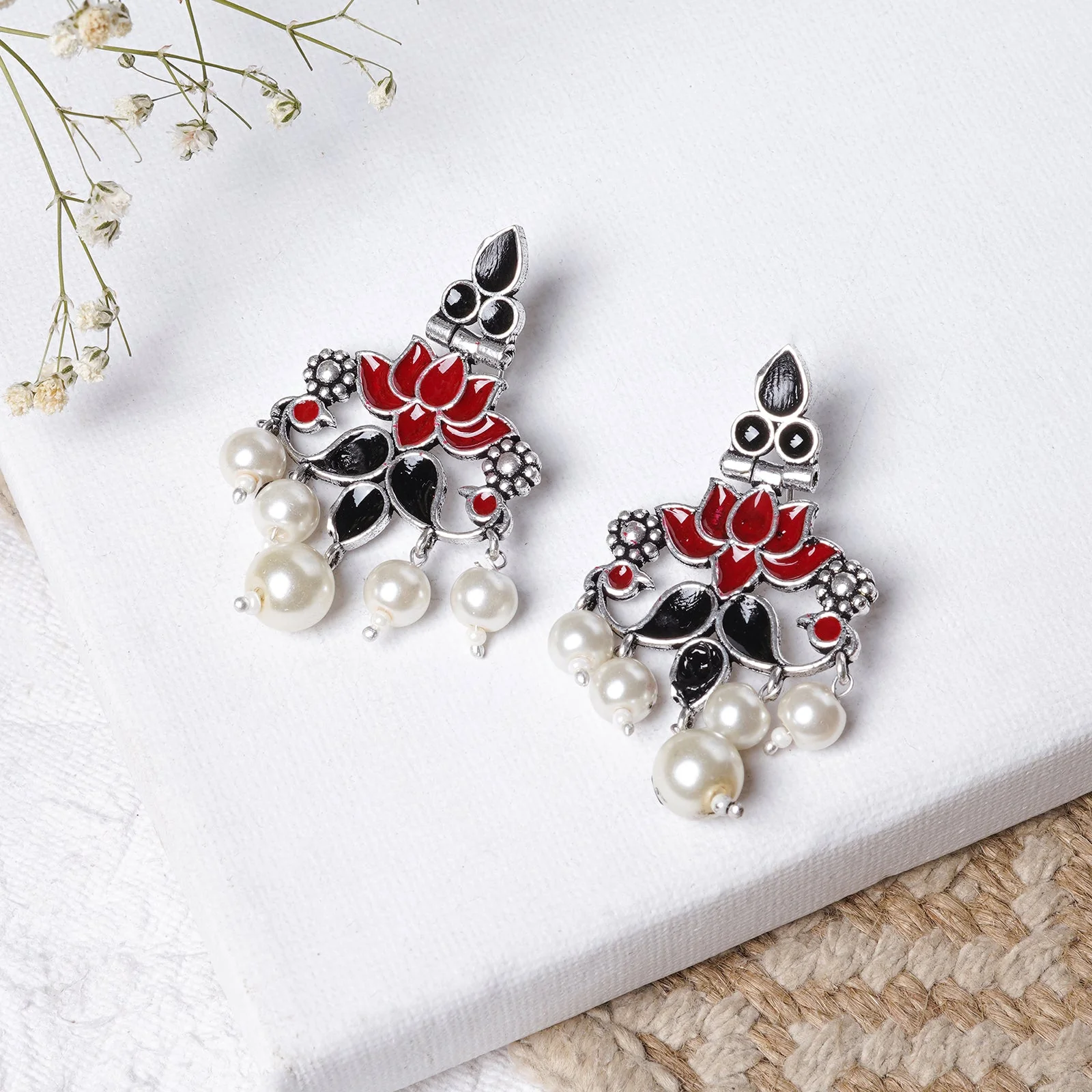 Teejh Gurima Red and Black Silver Oxidised Earring